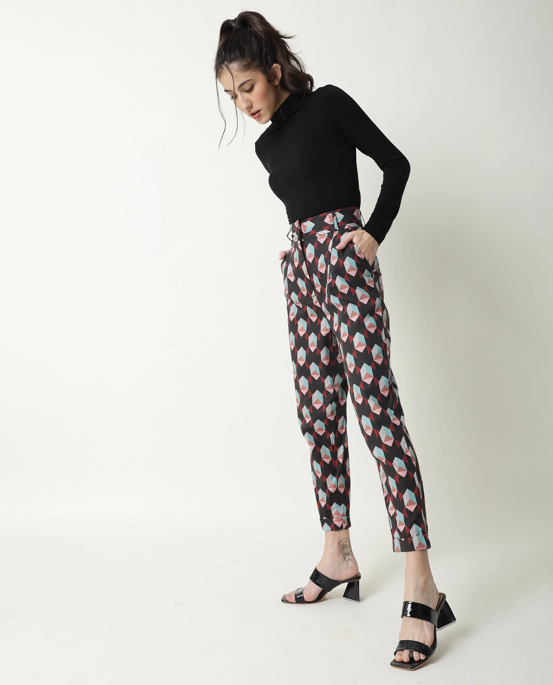 Rareism Women's Knicks Black Cotton Geometric Print Ankle Length Tailored Trouser - Image 9