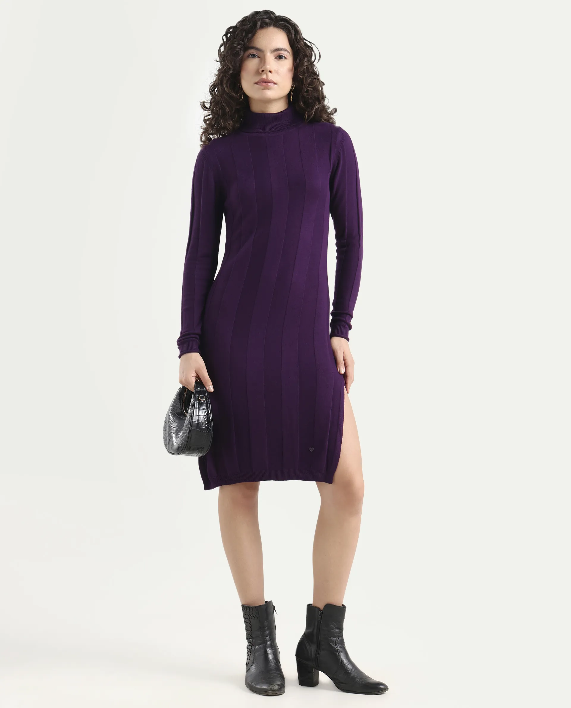 Rareism Women's Knitka Purple Cotton Turtle Neck Striped Knee Length Regular Fit Sweater - Image 2