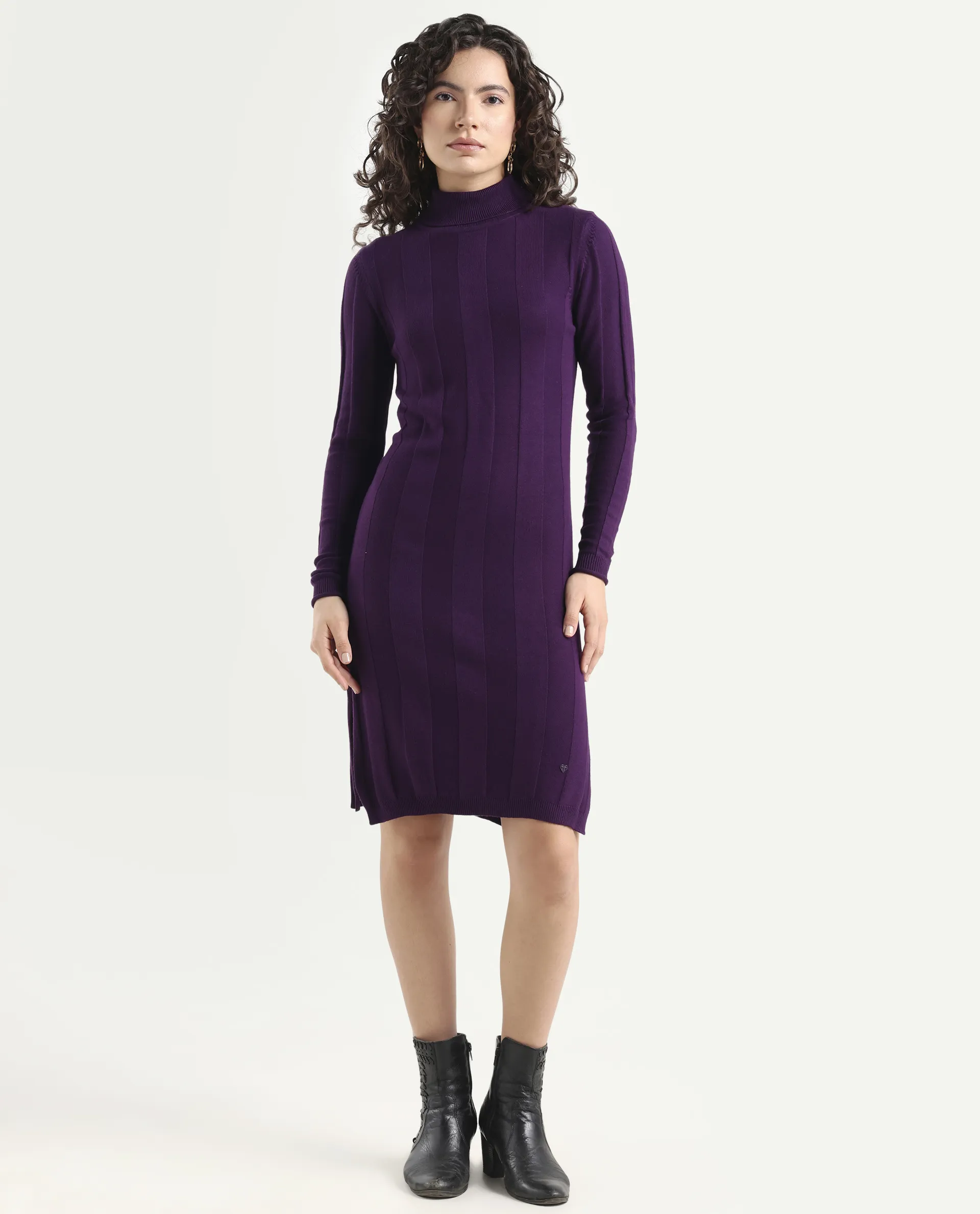 Rareism Women's Knitka Purple Cotton Turtle Neck Striped Knee Length Regular Fit Sweater - Image 3