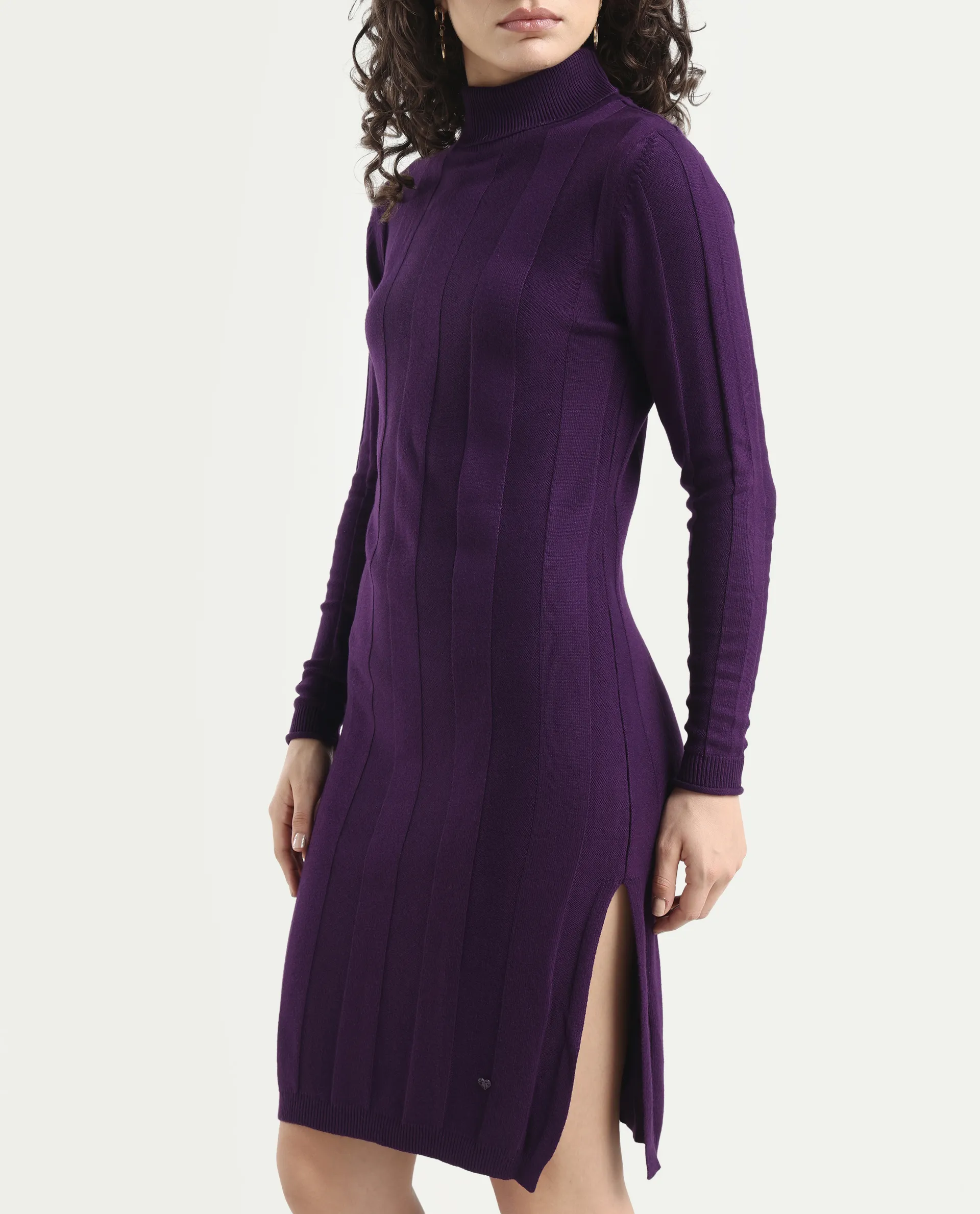 Rareism Women's Knitka Purple Cotton Turtle Neck Striped Knee Length Regular Fit Sweater - Image 4