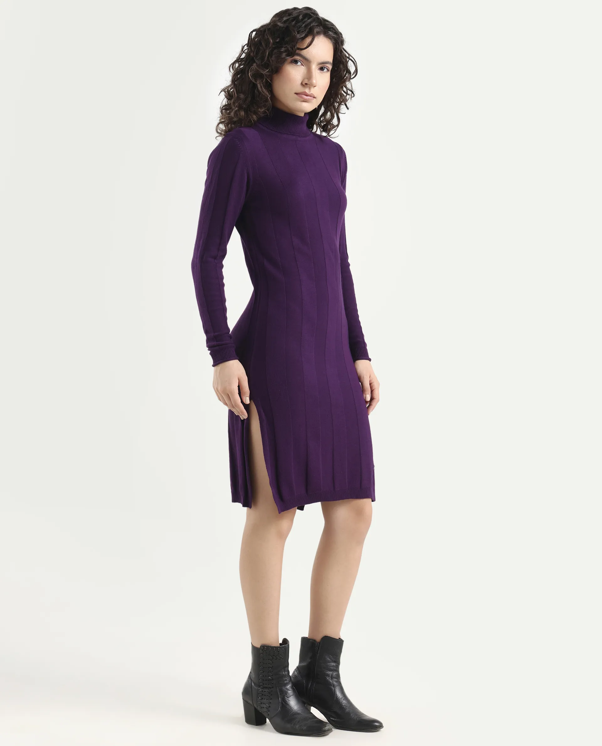 Rareism Women's Knitka Purple Cotton Turtle Neck Striped Knee Length Regular Fit Sweater - Image 5