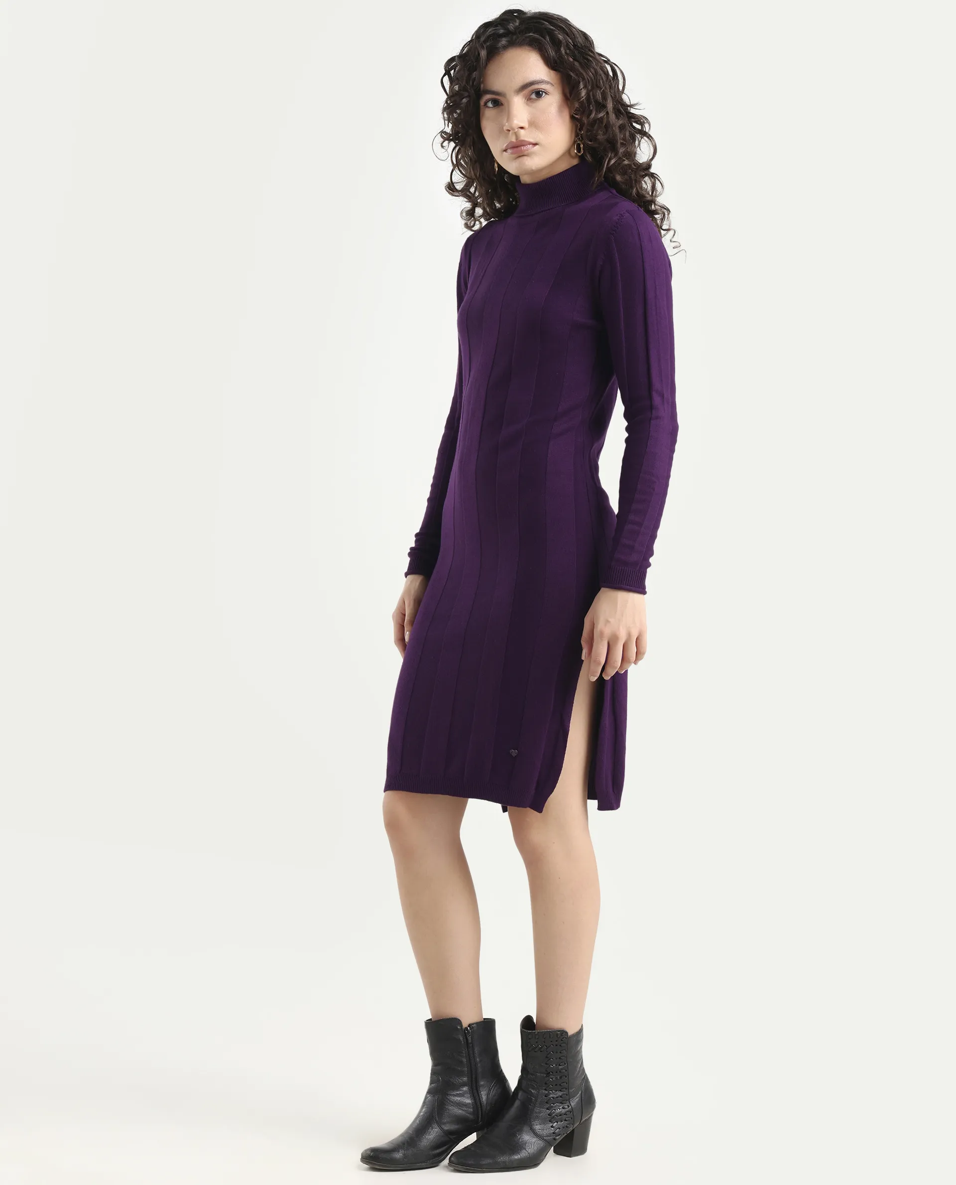 Rareism Women's Knitka Purple Cotton Turtle Neck Striped Knee Length Regular Fit Sweater - Image 6