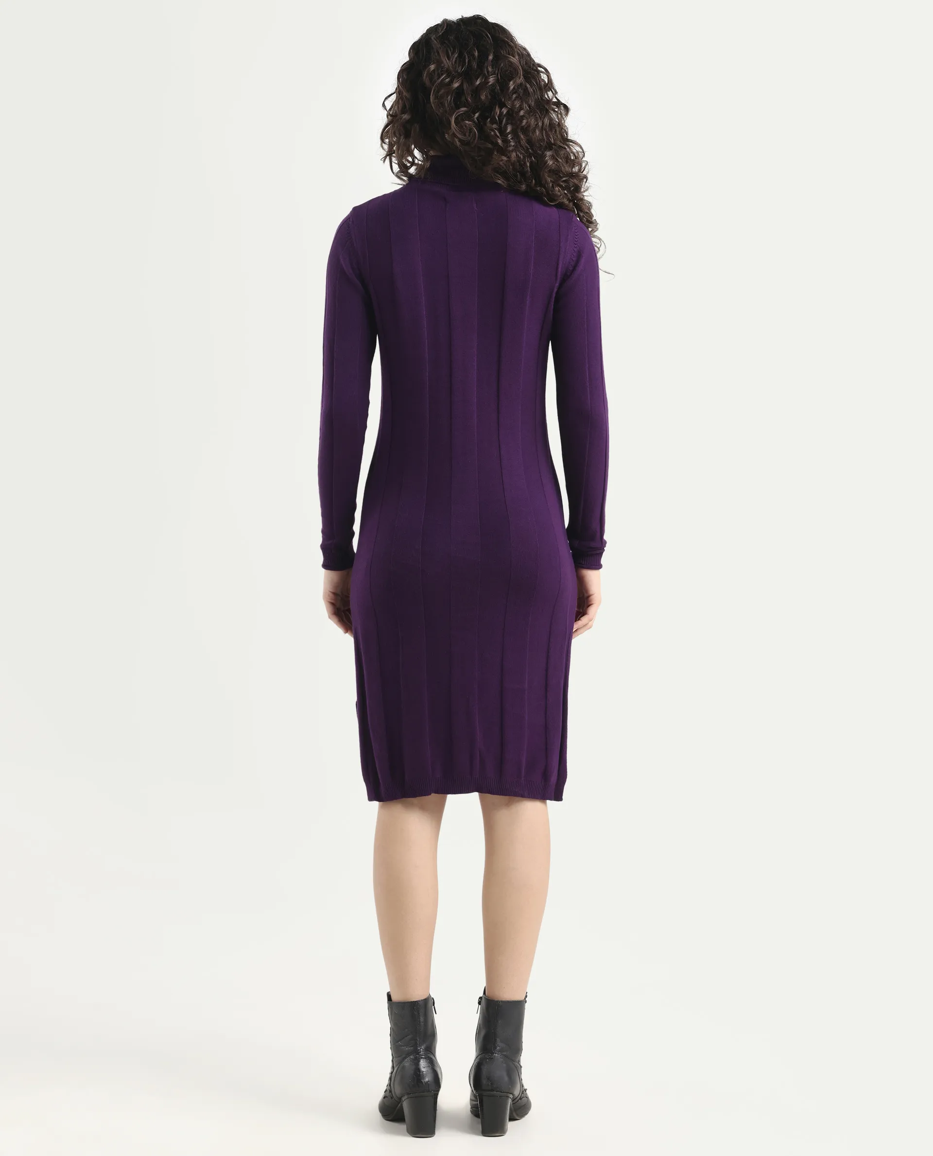 Rareism Women's Knitka Purple Cotton Turtle Neck Striped Knee Length Regular Fit Sweater - Image 7