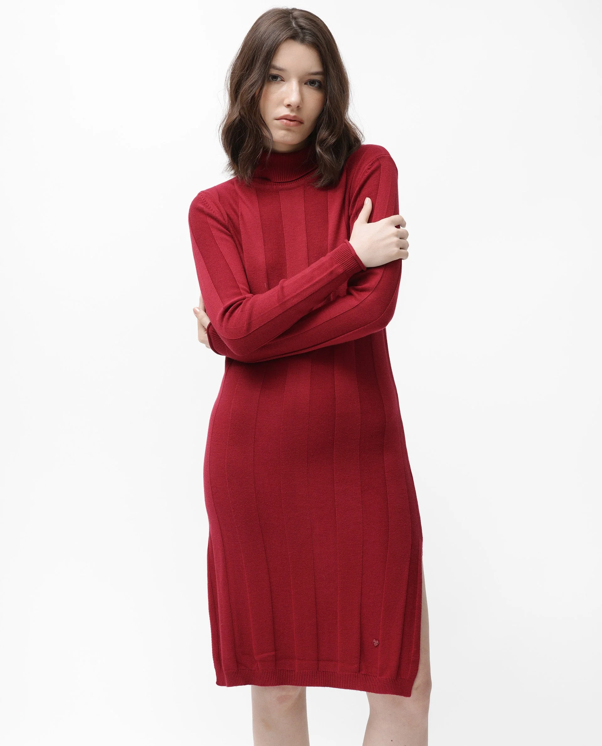 Rareism Women's Knitka Red Cotton Turtle Neck Striped Knee Length Regular Fit Sweater