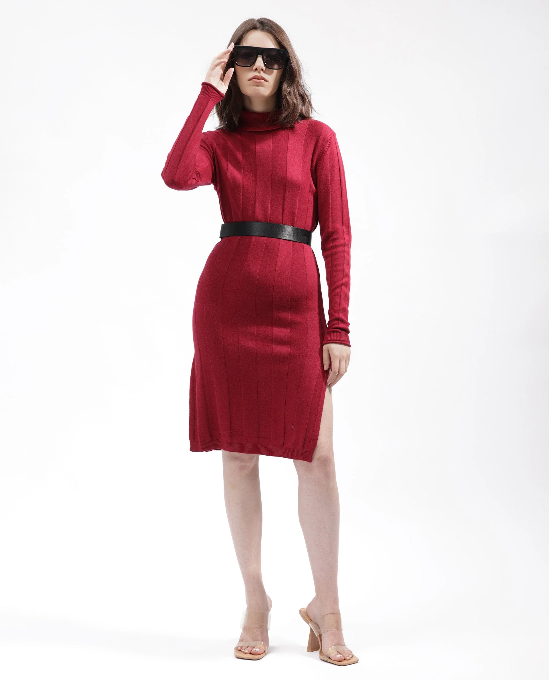 Rareism Women's Knitka Red Cotton Turtle Neck Striped Knee Length Regular Fit Sweater - Image 3