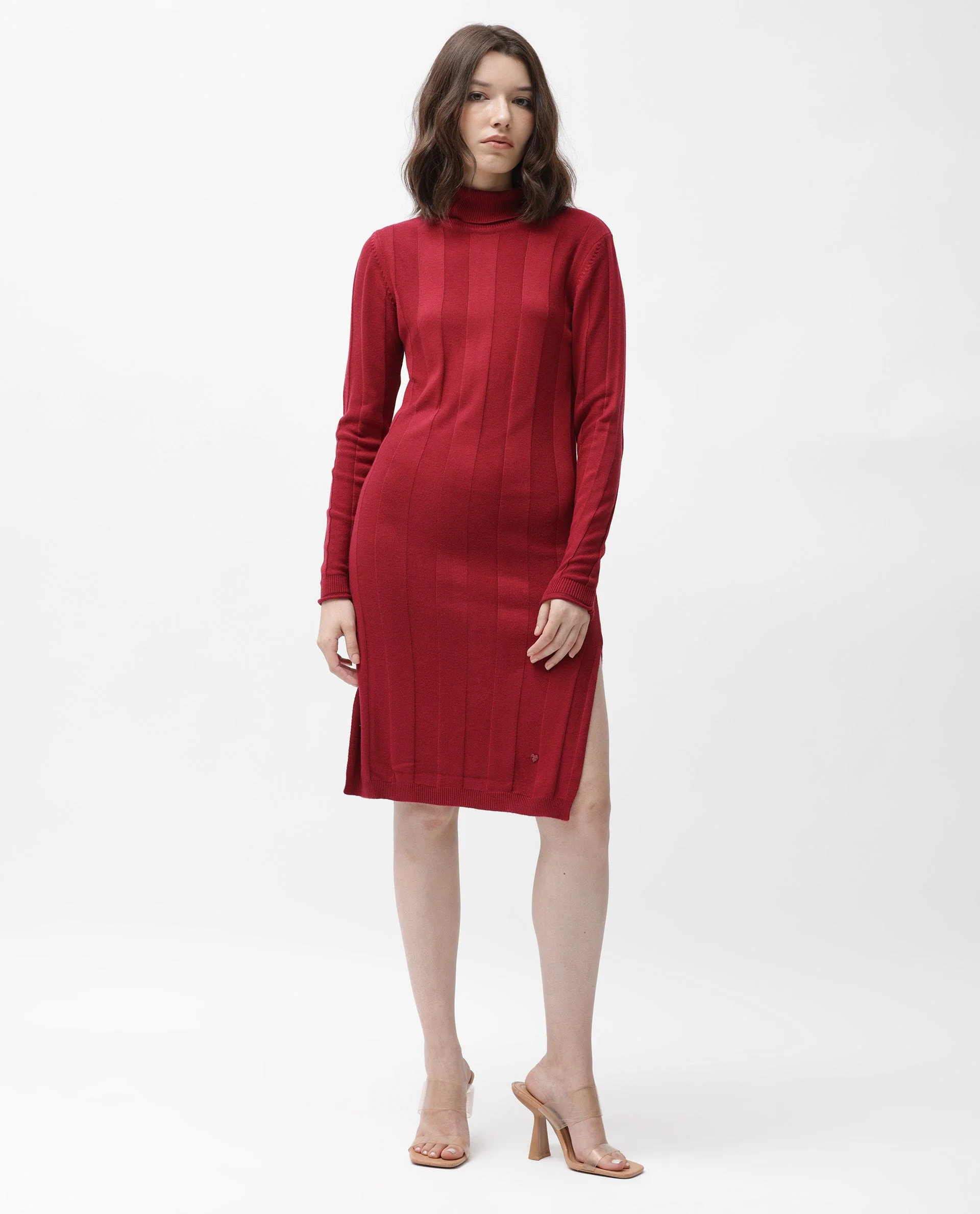 Rareism Women's Knitka Red Cotton Turtle Neck Striped Knee Length Regular Fit Sweater - Image 7