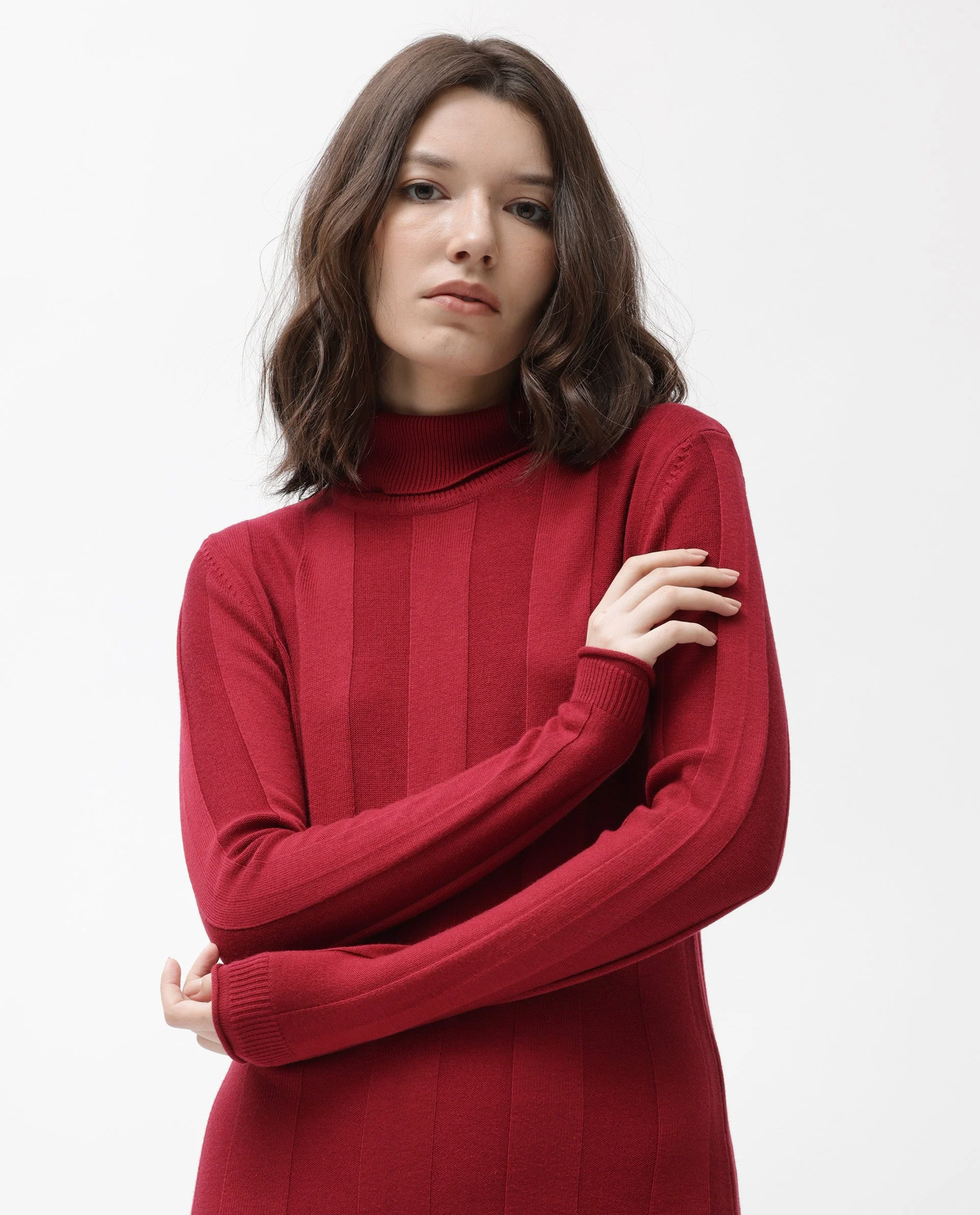 Rareism Women's Knitka Red Cotton Turtle Neck Striped Knee Length Regular Fit Sweater - Image 8