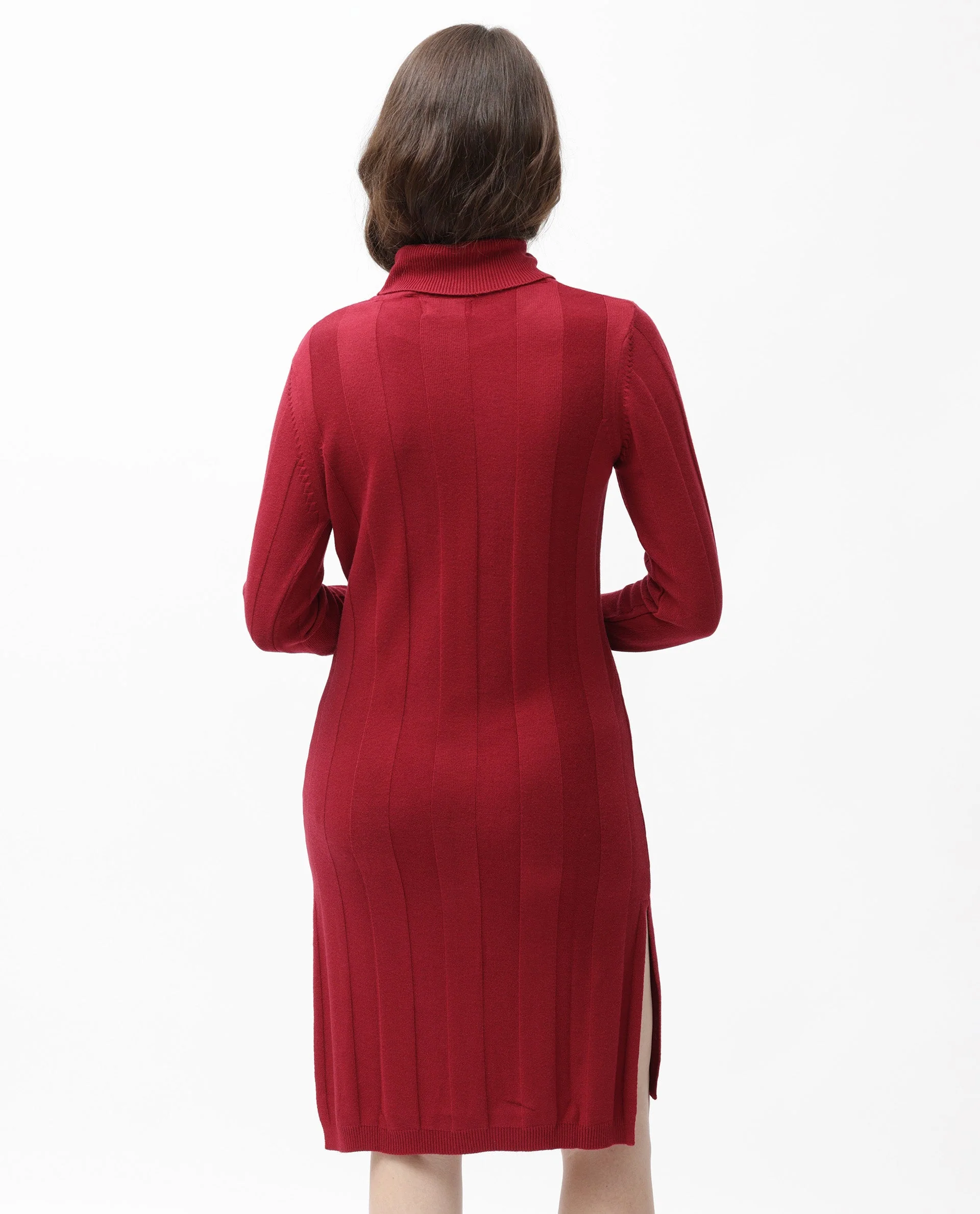 Rareism Women's Knitka Red Cotton Turtle Neck Striped Knee Length Regular Fit Sweater - Image 9