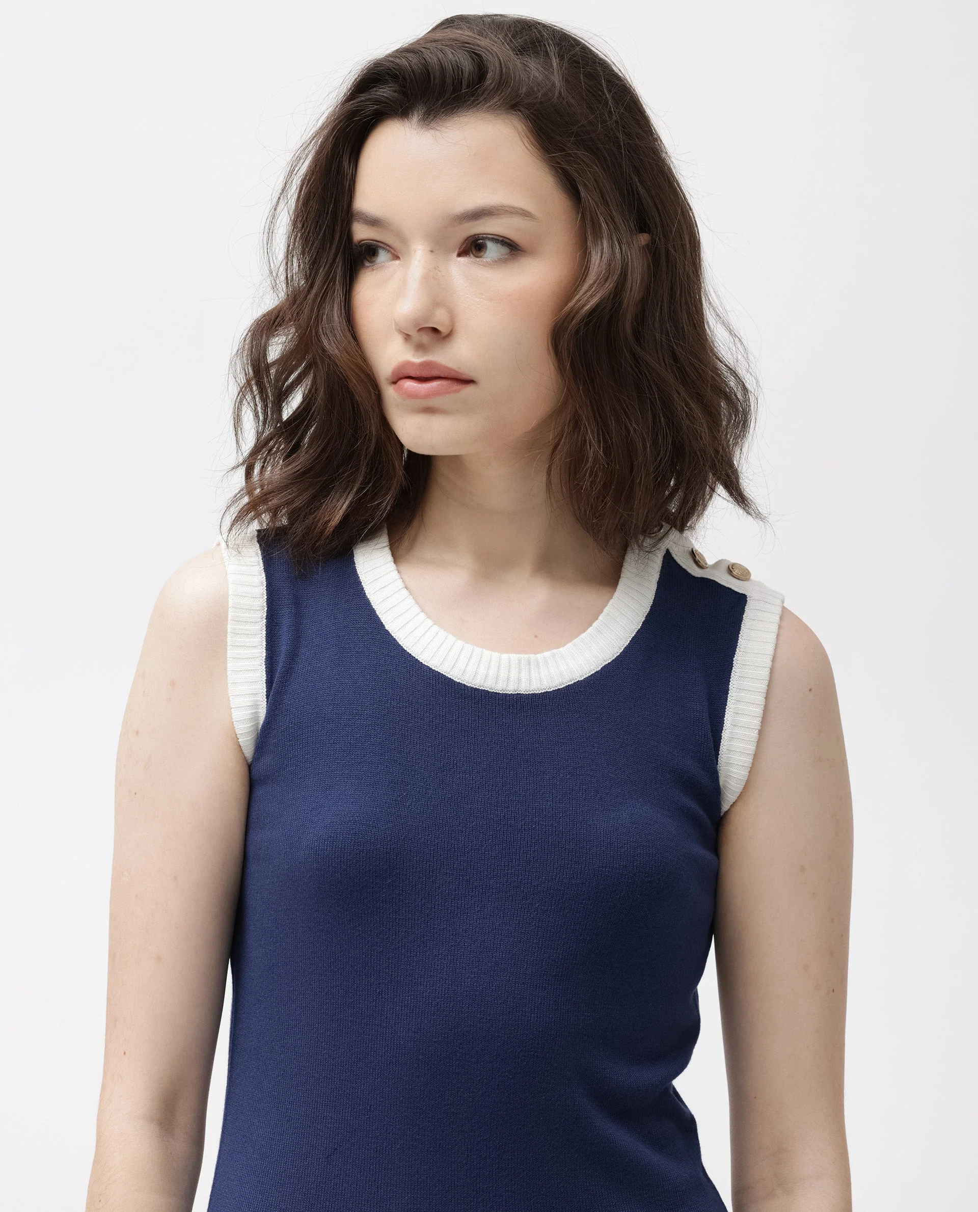 Rareism Women's Knitso Navy Cotton Crew Neck Plain Sleeveless Knee Length Regular Fit Sweater - Image 7