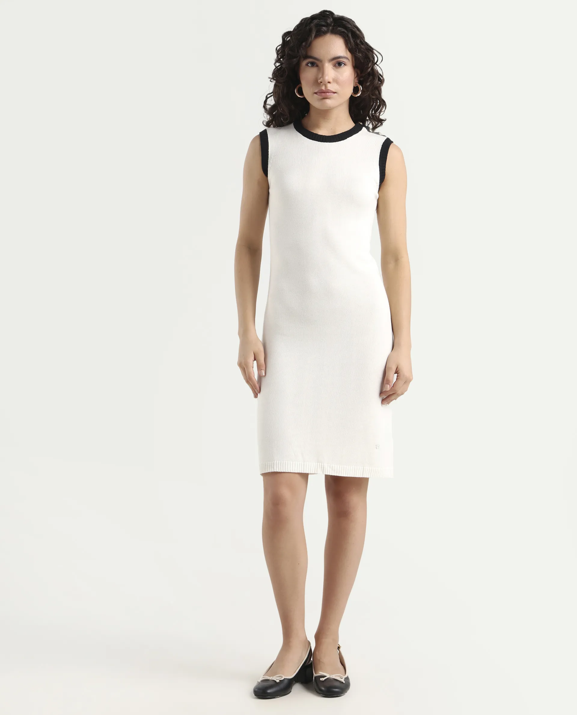 Rareism Women's Knitso Off White Cotton Crew Neck Plain Sleeveless Knee Length Regular Fit Sweater - Image 3