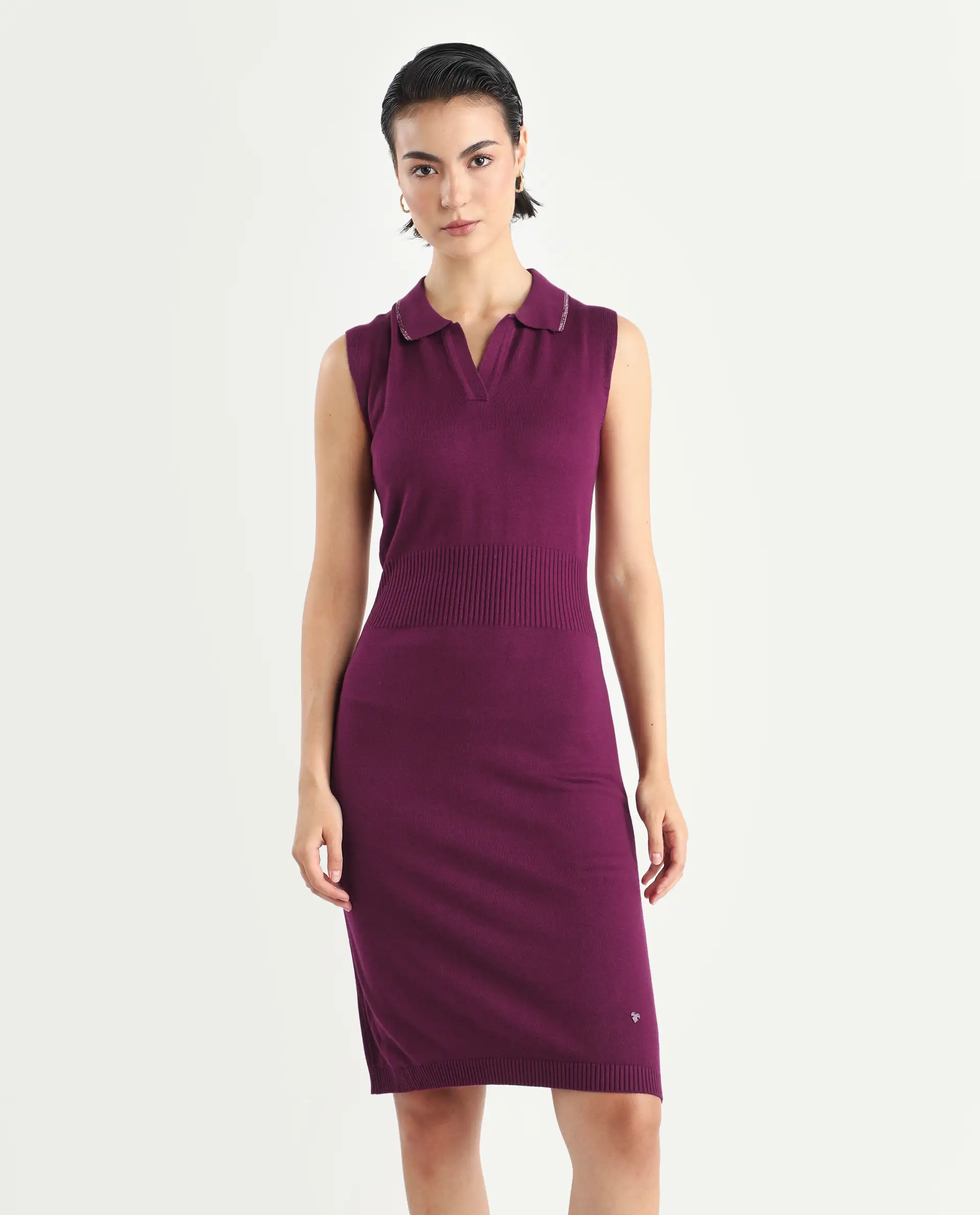 Rareism Women's Knitsy Dark Maroon Cotton Spread Collar Plain Sleeveless Knee Length Regular Fit Sweater - Image 3