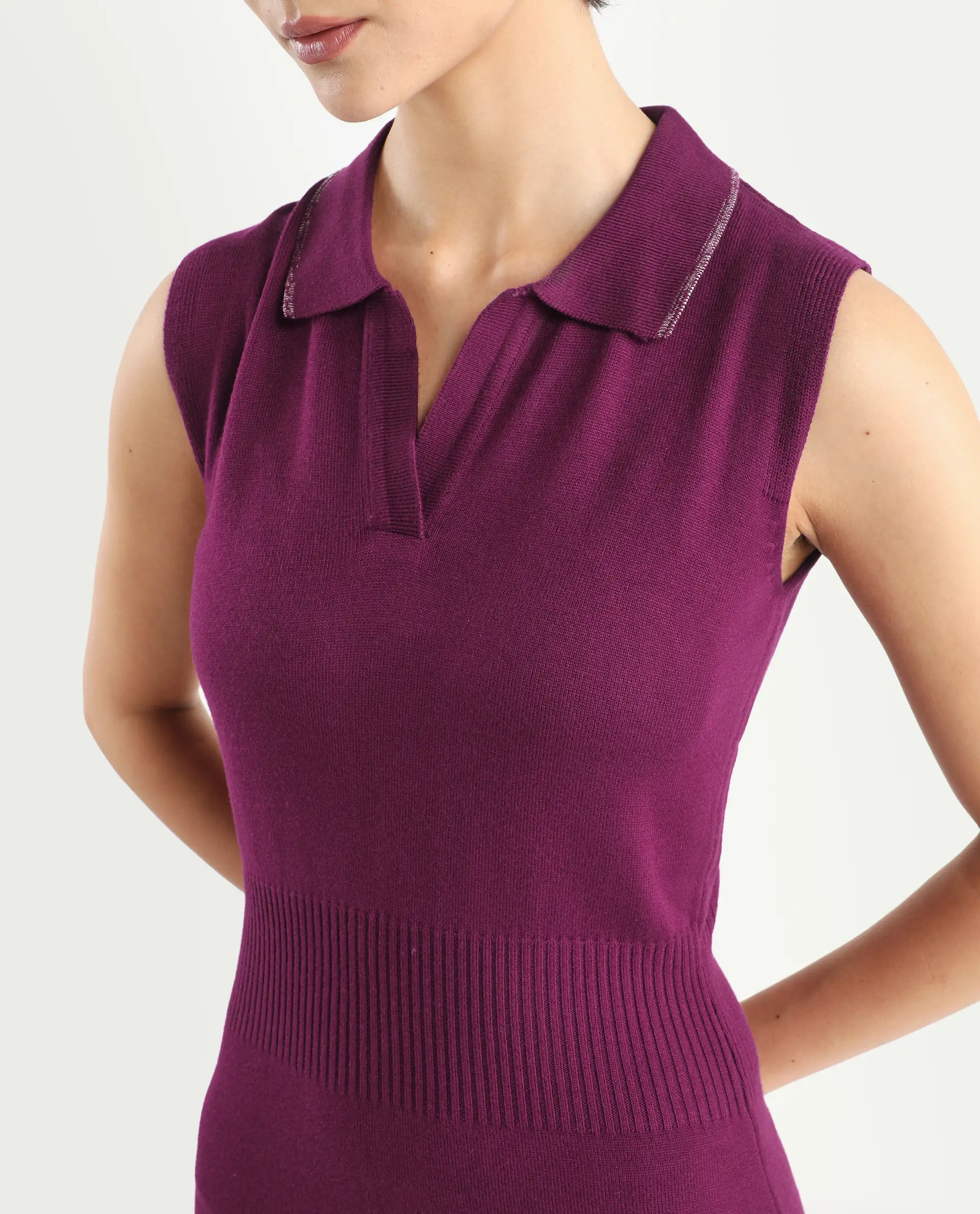 Rareism Women's Knitsy Dark Maroon Cotton Spread Collar Plain Sleeveless Knee Length Regular Fit Sweater - Image 4
