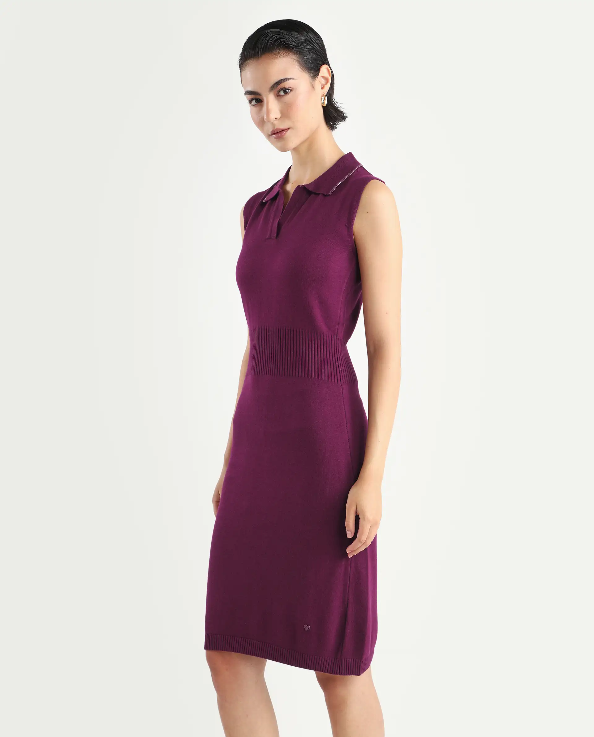 Rareism Women's Knitsy Dark Maroon Cotton Spread Collar Plain Sleeveless Knee Length Regular Fit Sweater - Image 5