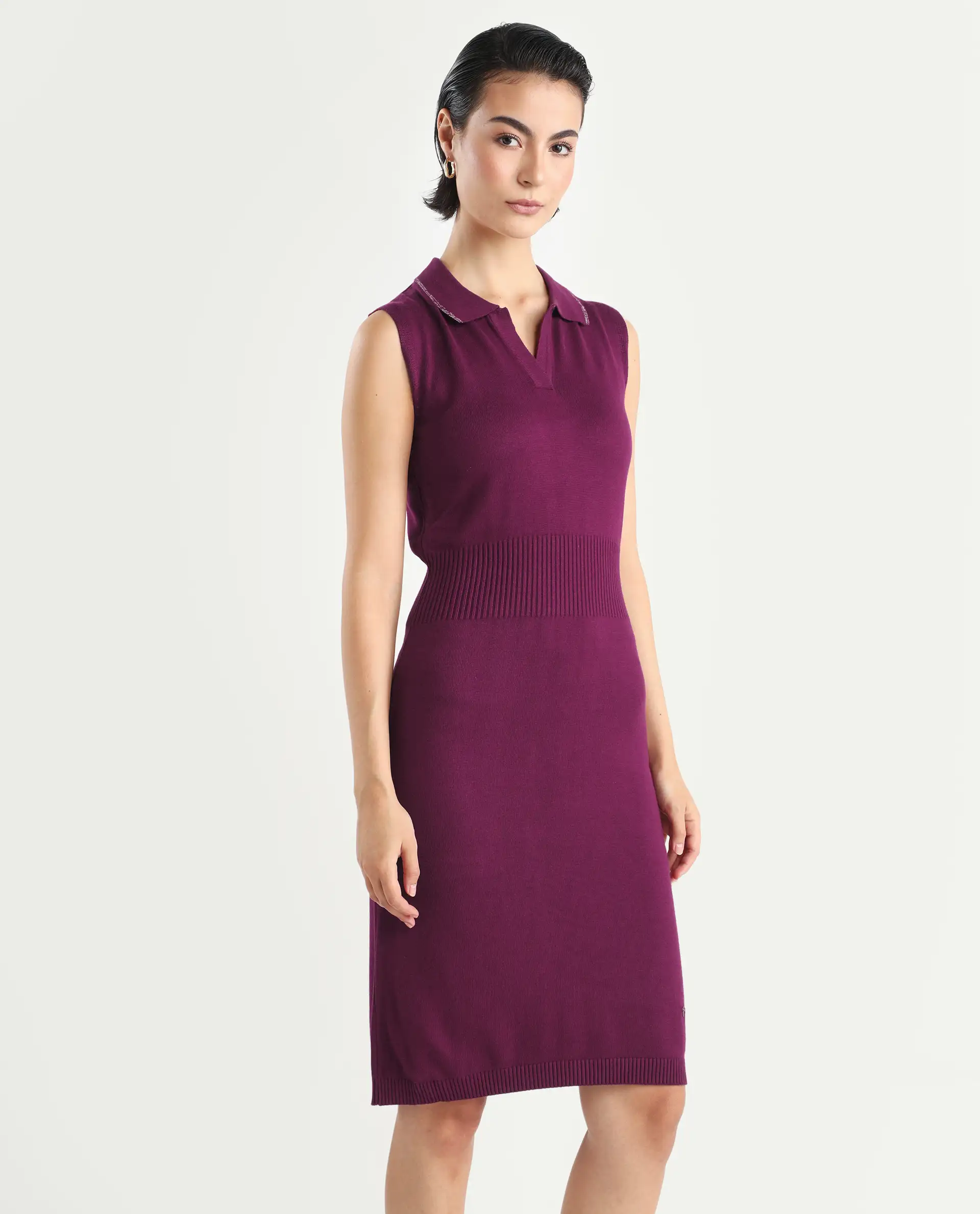 Rareism Women's Knitsy Dark Maroon Cotton Spread Collar Plain Sleeveless Knee Length Regular Fit Sweater - Image 6