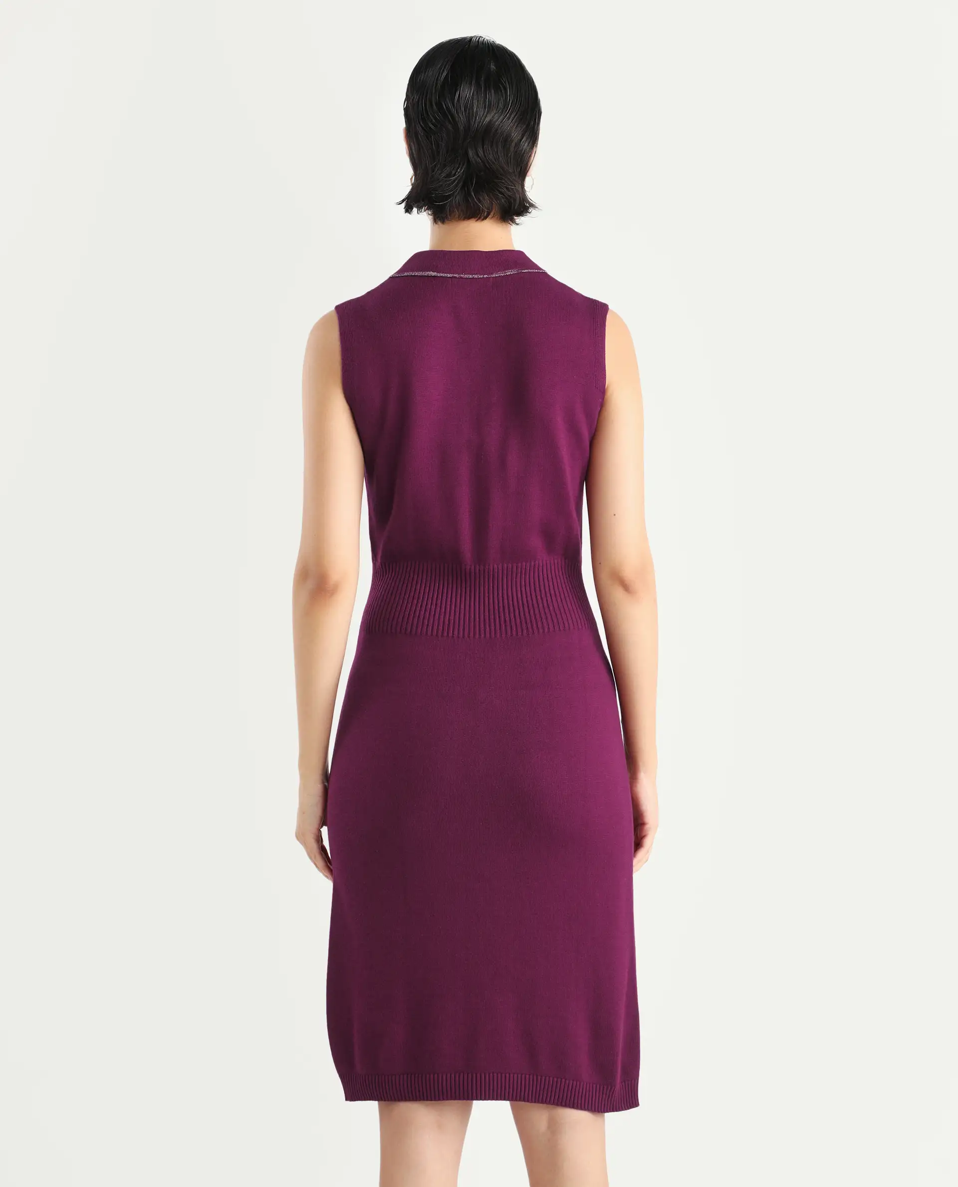 Rareism Women's Knitsy Dark Maroon Cotton Spread Collar Plain Sleeveless Knee Length Regular Fit Sweater - Image 7