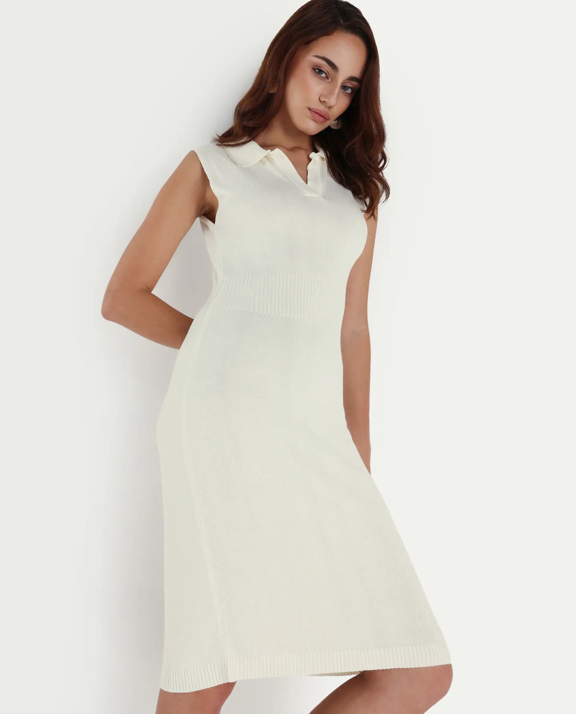 Rareism Women's Knitsy Off White Cotton Spread Collar Plain Sleeveless Knee Length Regular Fit Sweater - Image 2