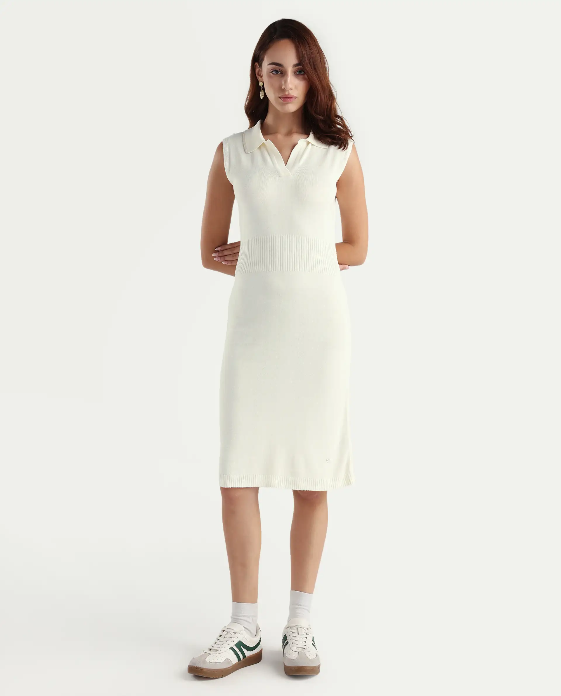 Rareism Women's Knitsy Off White Cotton Spread Collar Plain Sleeveless Knee Length Regular Fit Sweater - Image 3