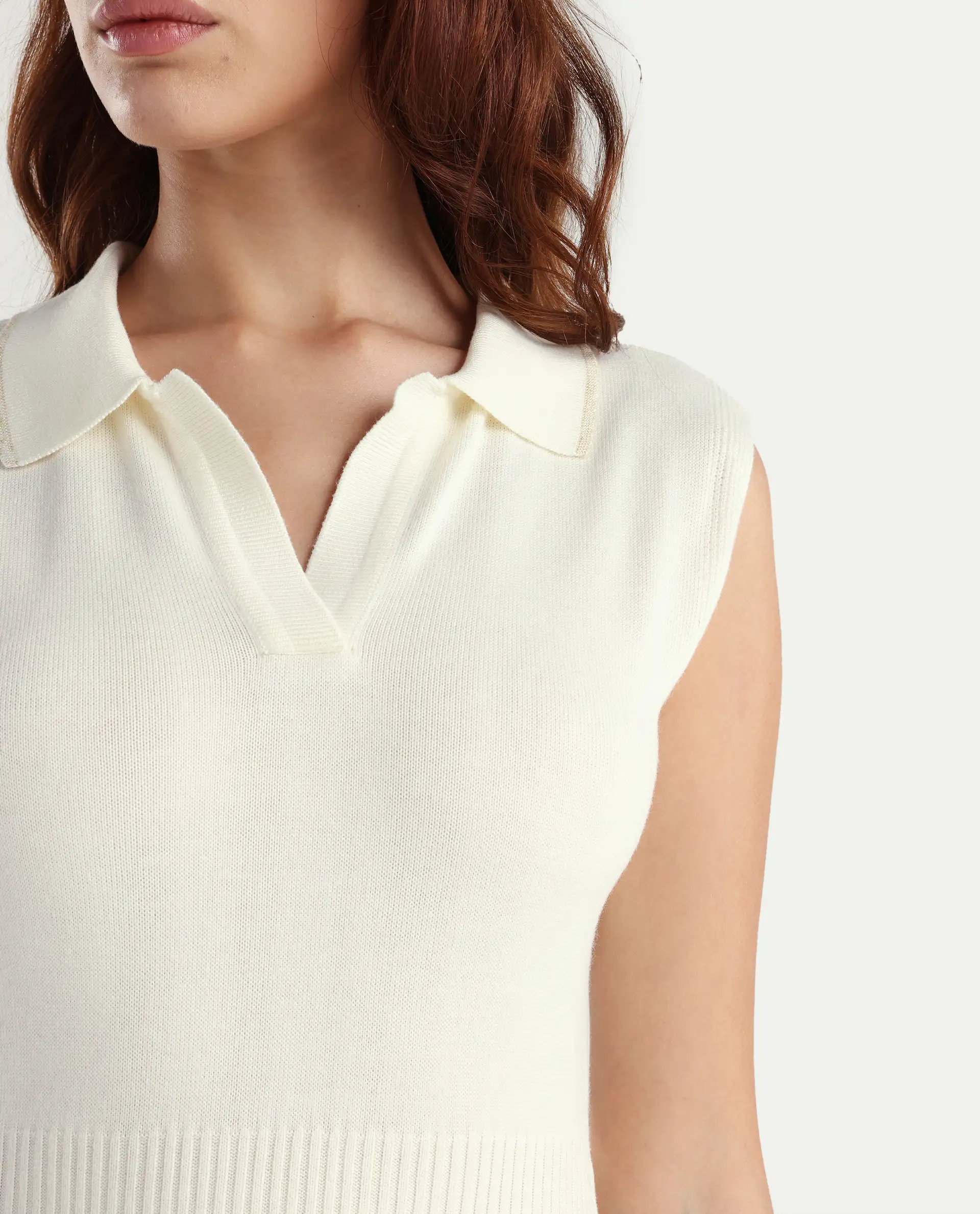 Rareism Women's Knitsy Off White Cotton Spread Collar Plain Sleeveless Knee Length Regular Fit Sweater - Image 4