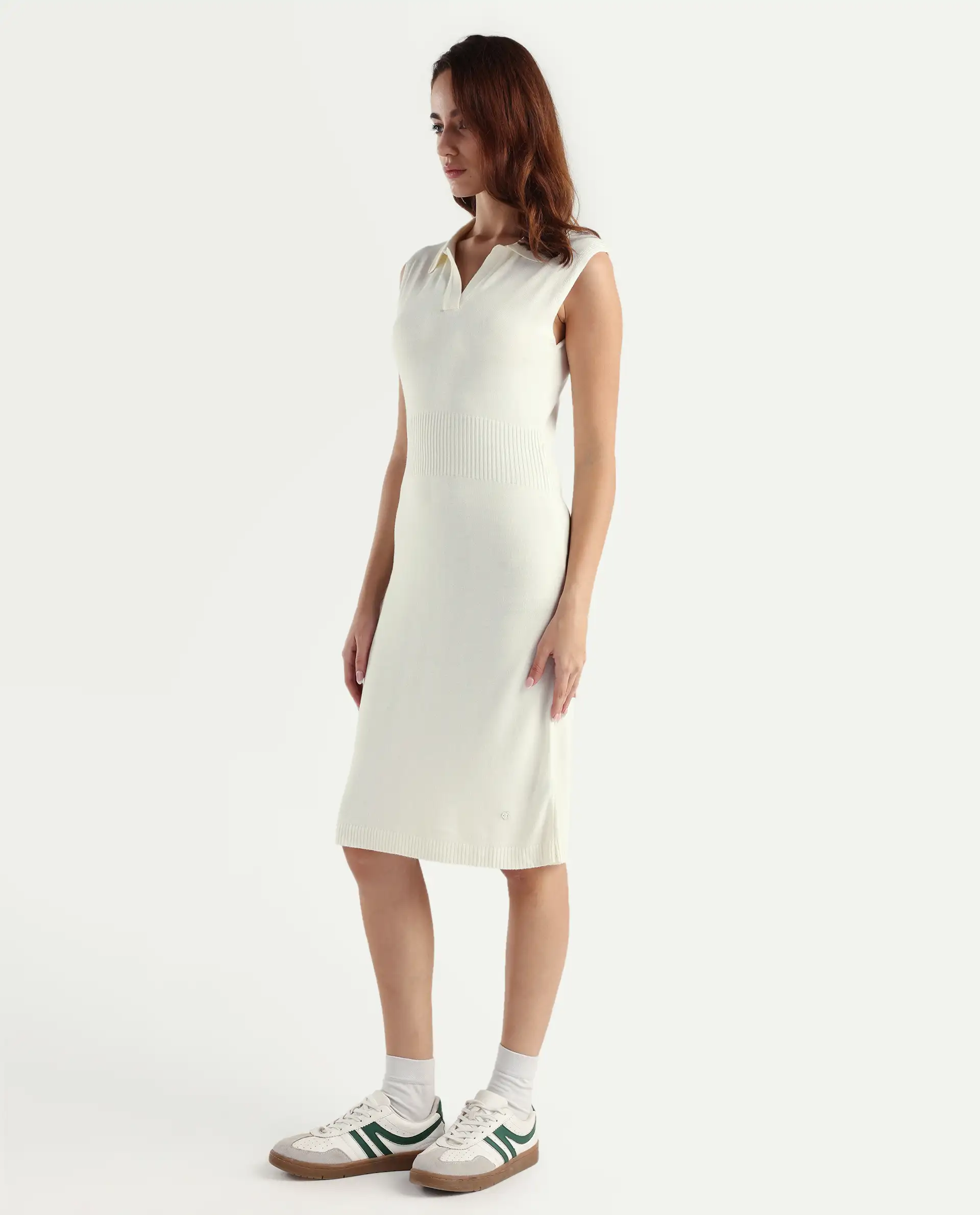 Rareism Women's Knitsy Off White Cotton Spread Collar Plain Sleeveless Knee Length Regular Fit Sweater - Image 5