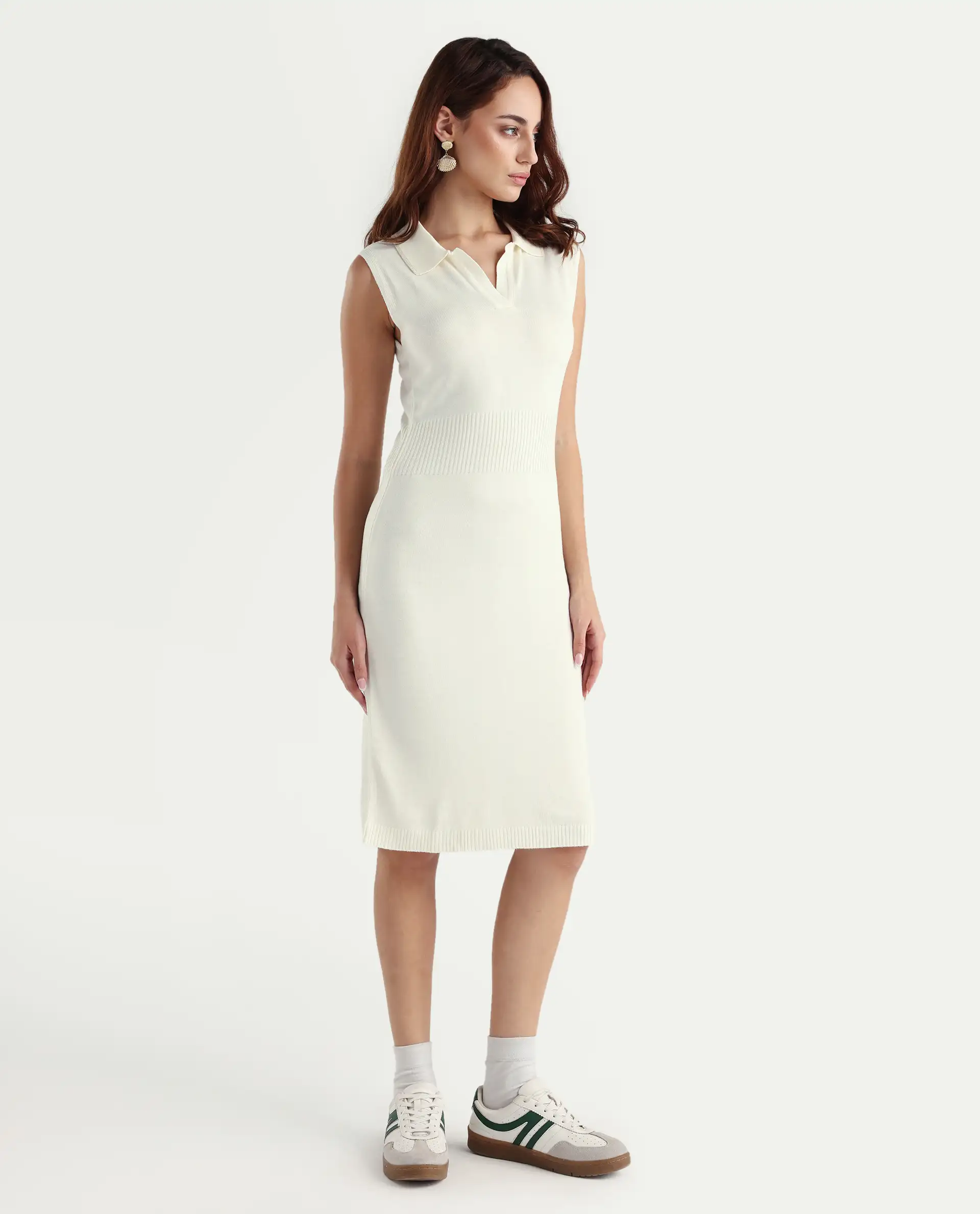 Rareism Women's Knitsy Off White Cotton Spread Collar Plain Sleeveless Knee Length Regular Fit Sweater - Image 6