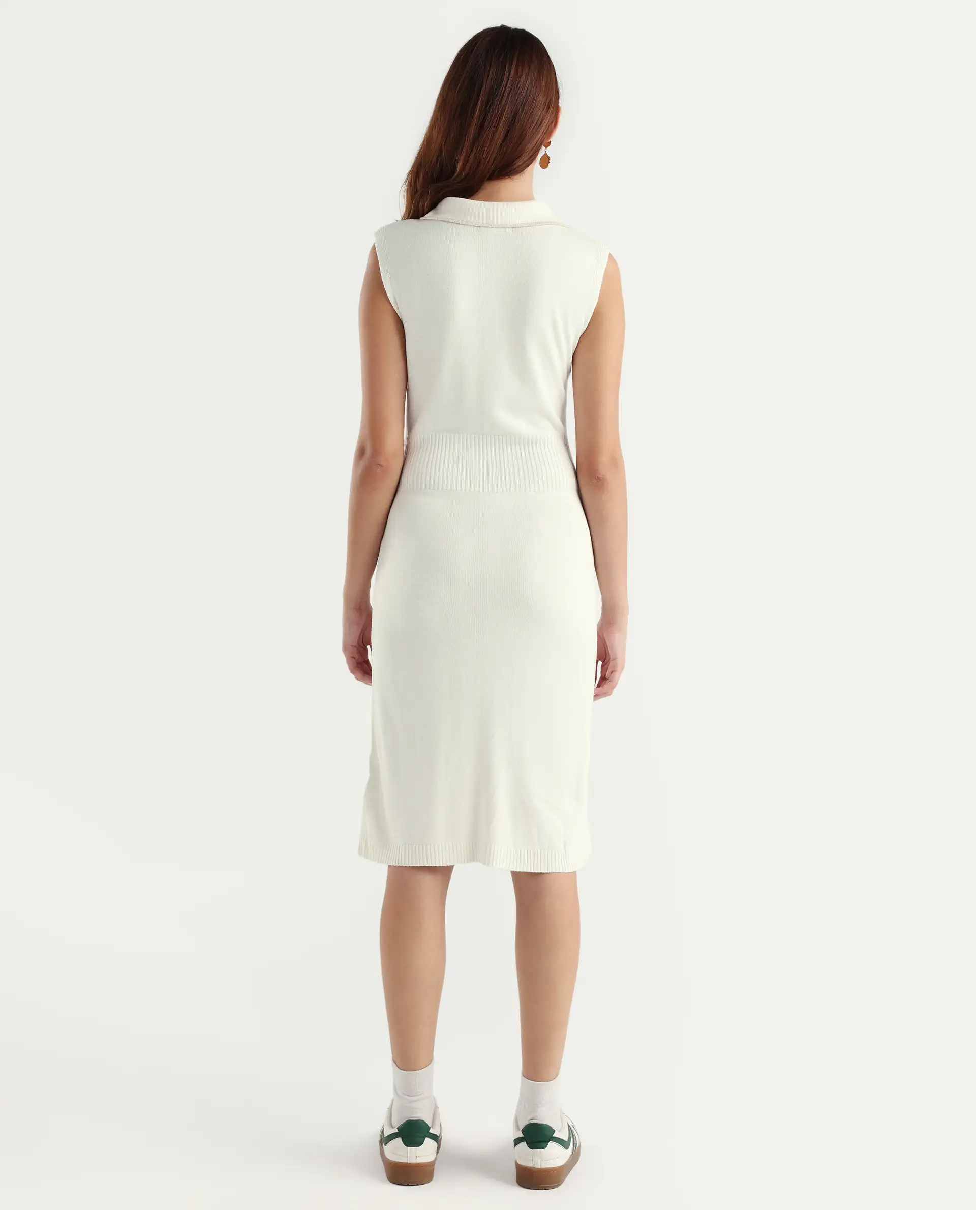 Rareism Women's Knitsy Off White Cotton Spread Collar Plain Sleeveless Knee Length Regular Fit Sweater - Image 7