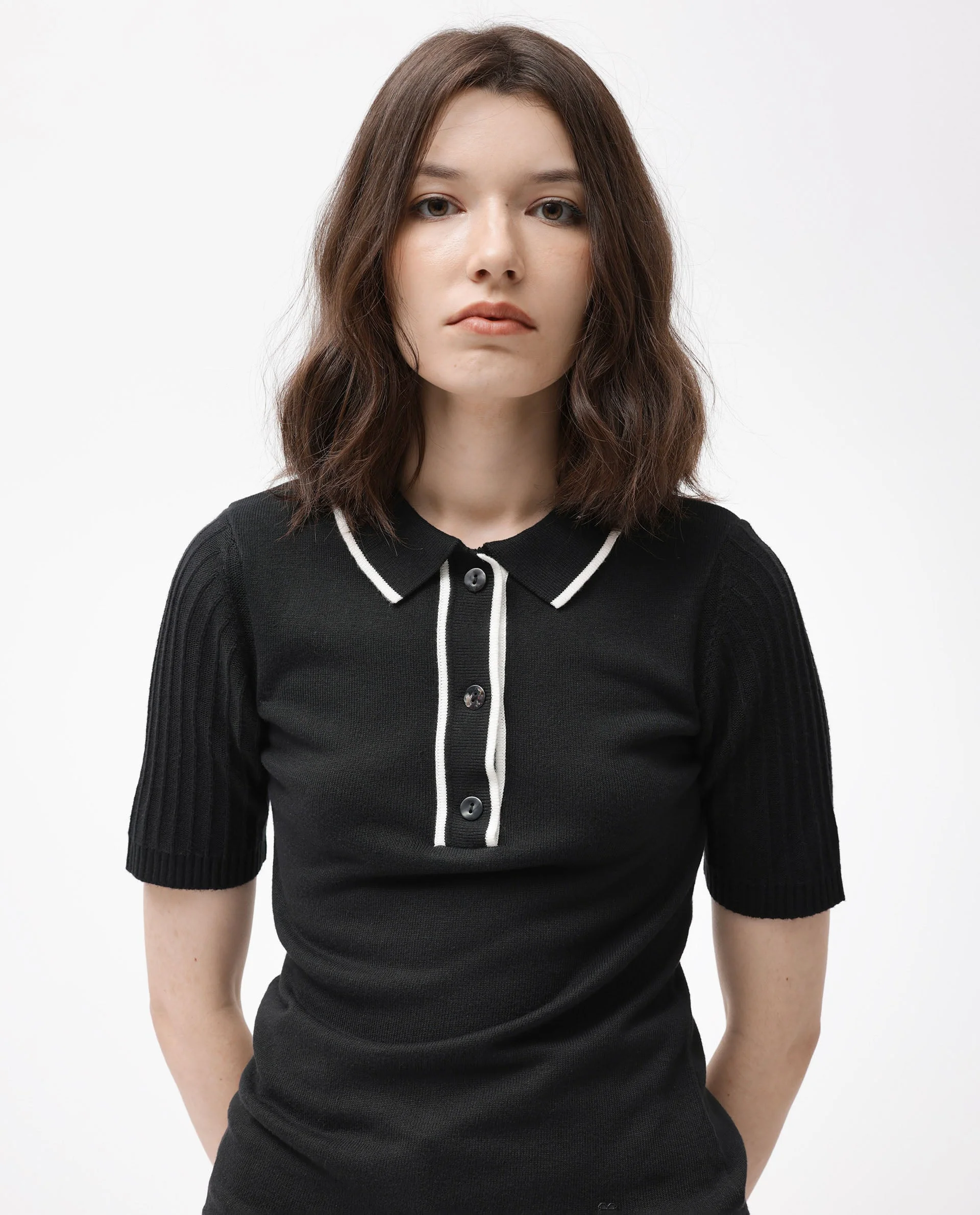 Rareism Women's Knitup Black Cotton Spread Collar Plain Regular Fit Sweater - Image 11