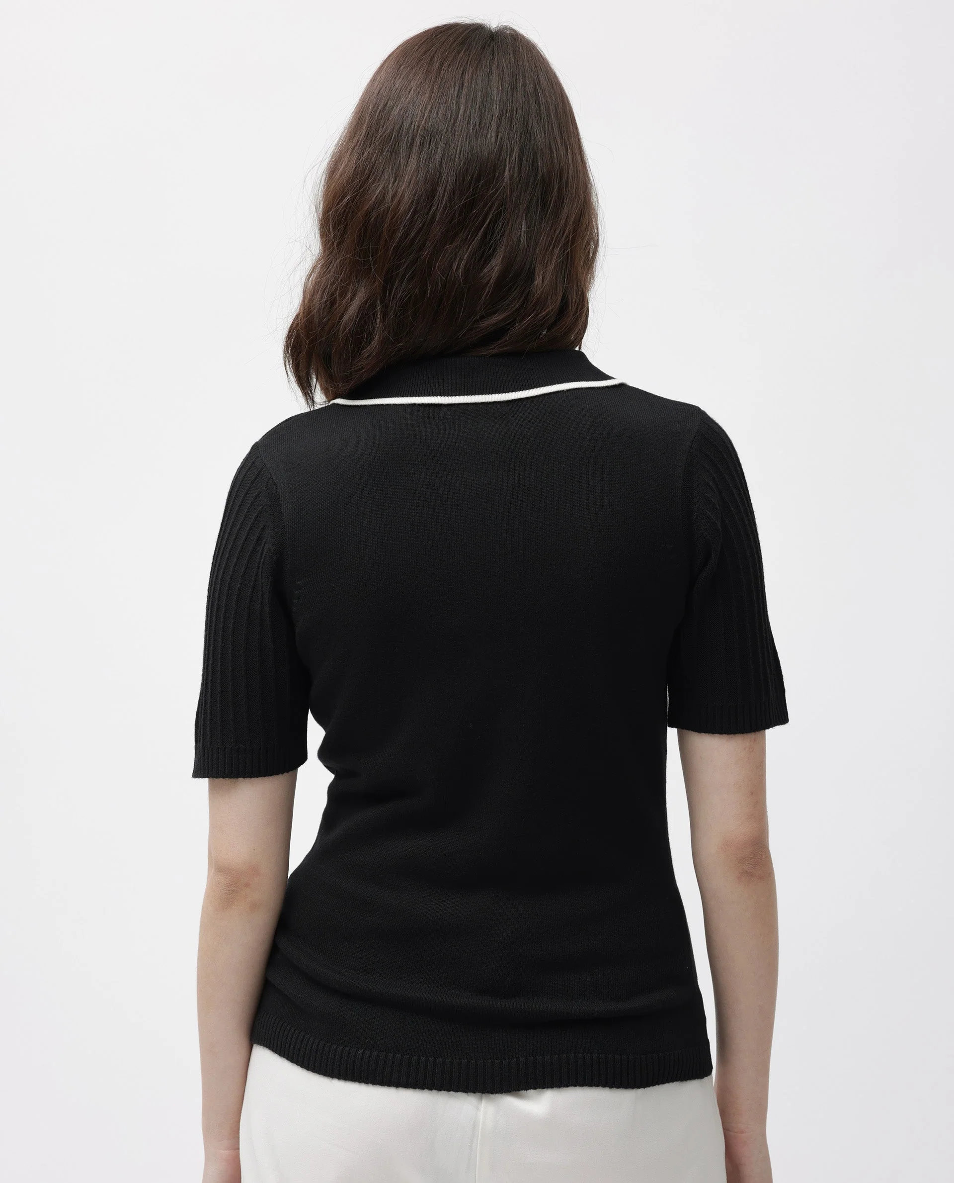 Rareism Women's Knitup Black Cotton Spread Collar Plain Regular Fit Sweater - Image 15