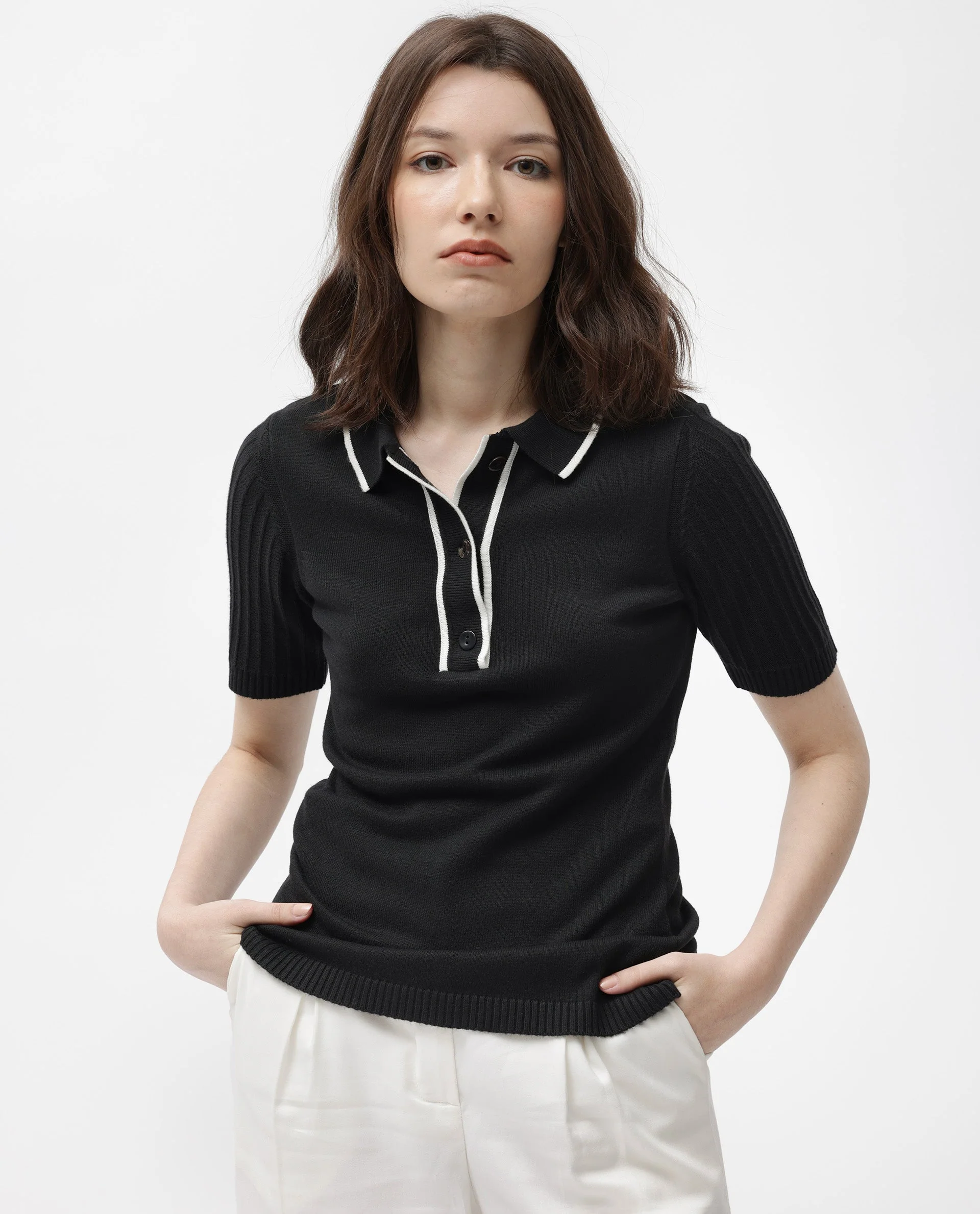 Rareism Women's Knitup Black Cotton Spread Collar Plain Regular Fit Sweater - Image 8