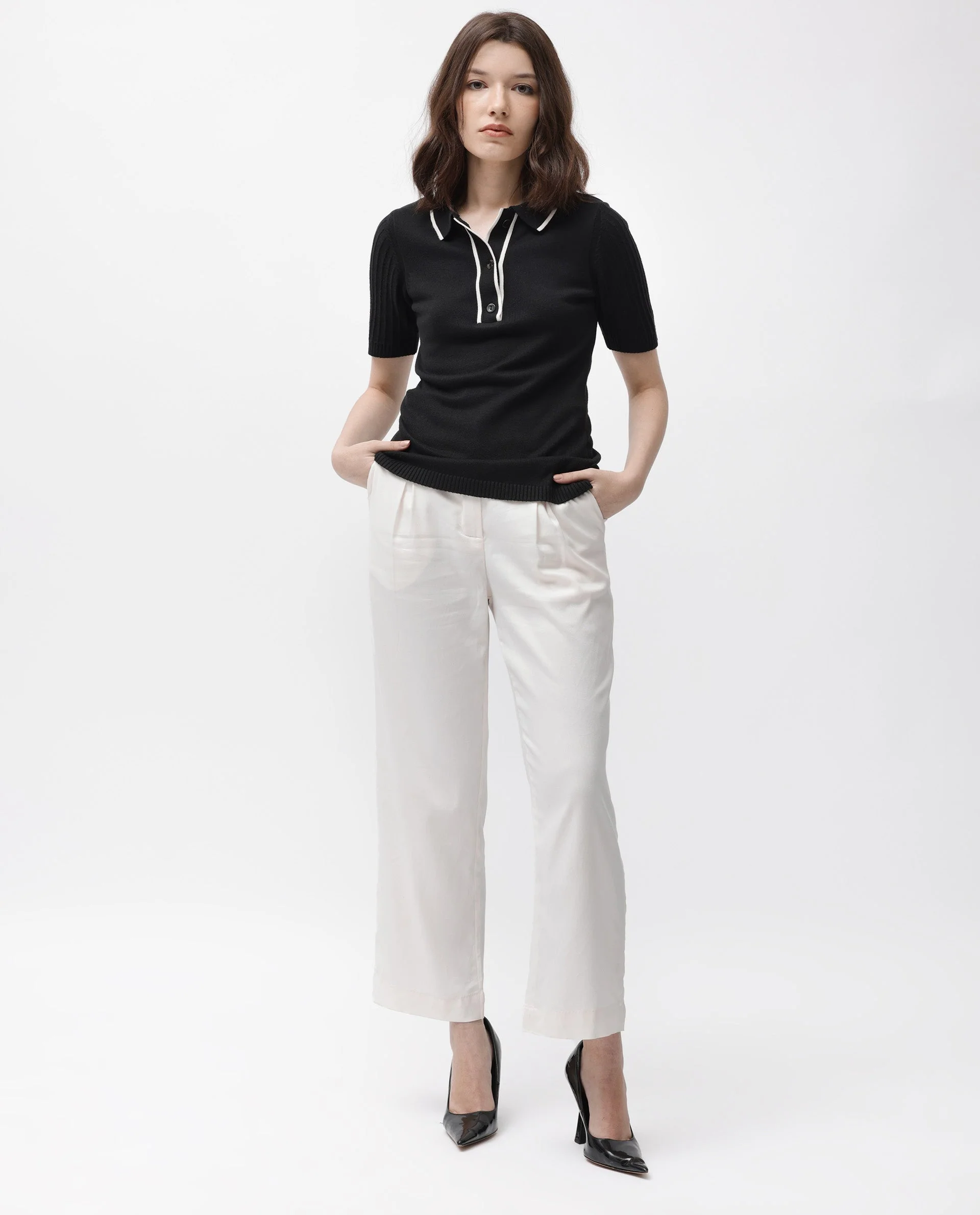 Rareism Women's Knitup Black Cotton Spread Collar Plain Regular Fit Sweater - Image 9