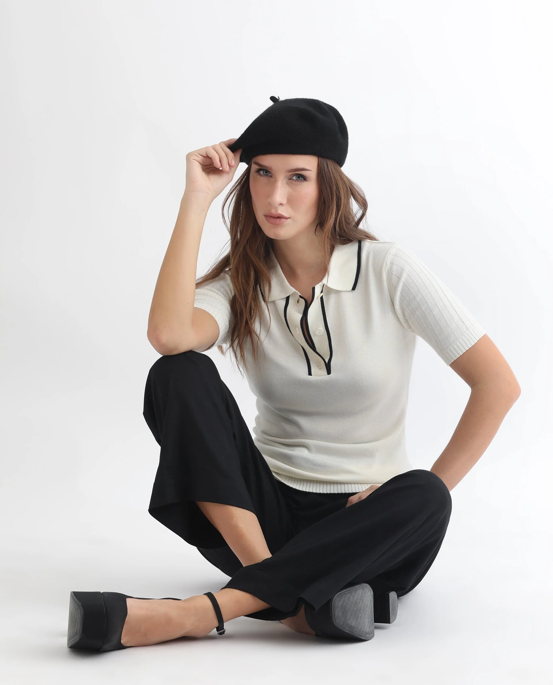 Rareism Women's Knitup Off White Cotton Spread Collar Plain Regular Fit Sweater - Image 11