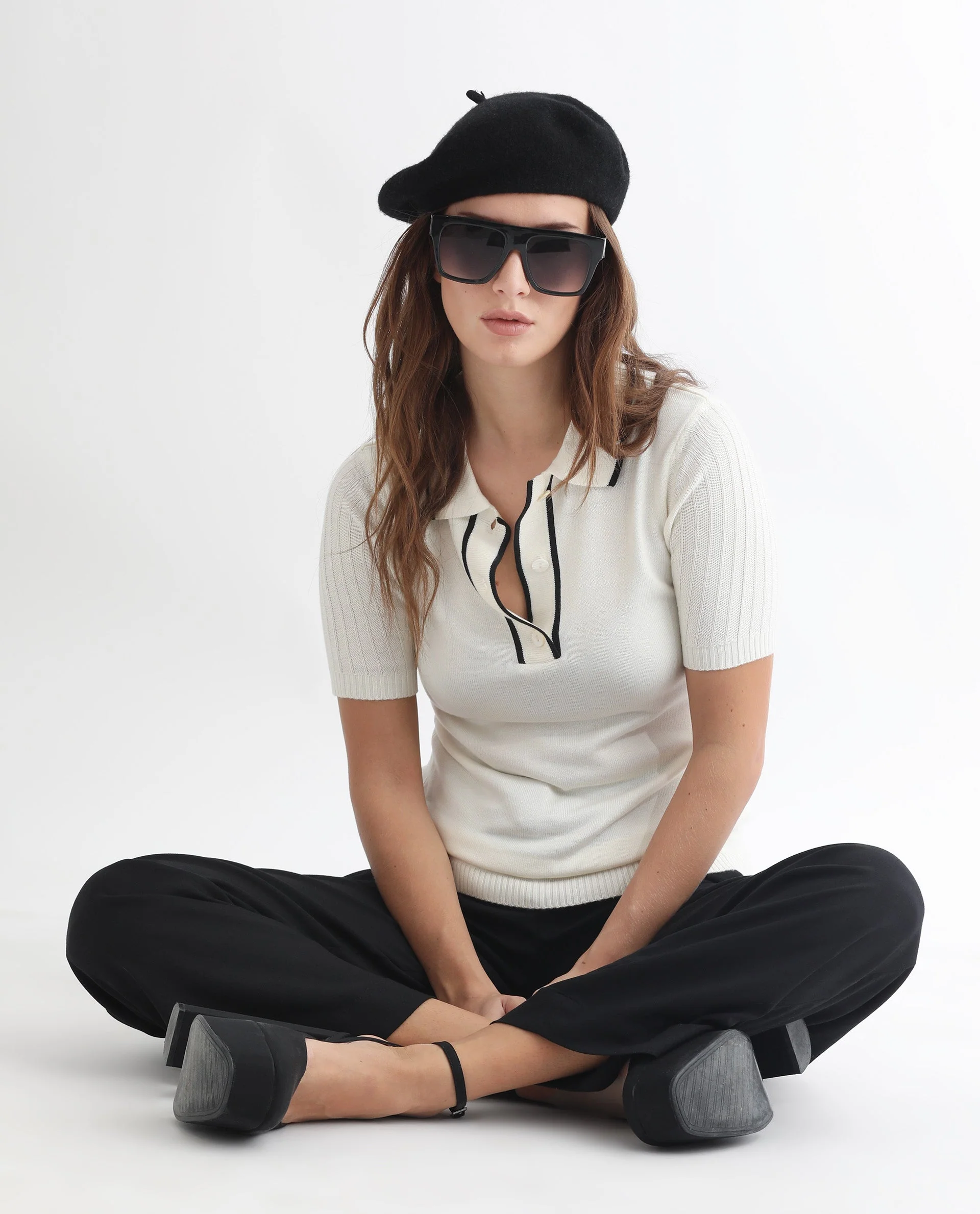 Rareism Women's Knitup Off White Cotton Spread Collar Plain Regular Fit Sweater - Image 13