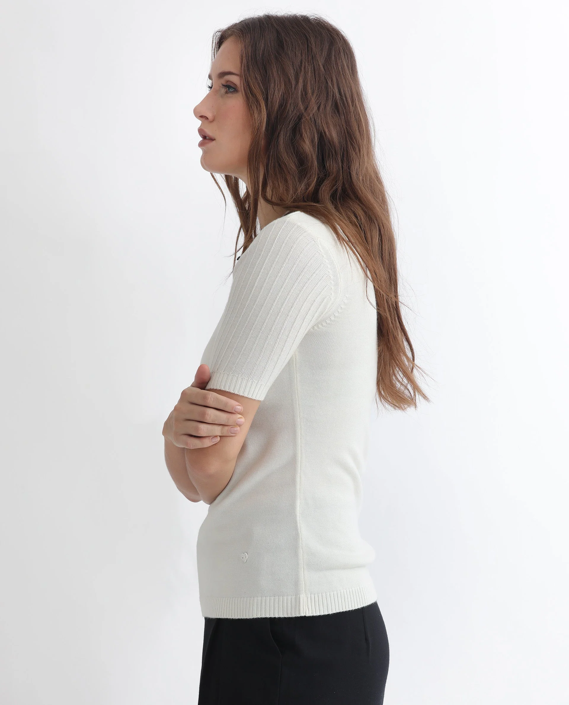 Rareism Women's Knitup Off White Cotton Spread Collar Plain Regular Fit Sweater - Image 15