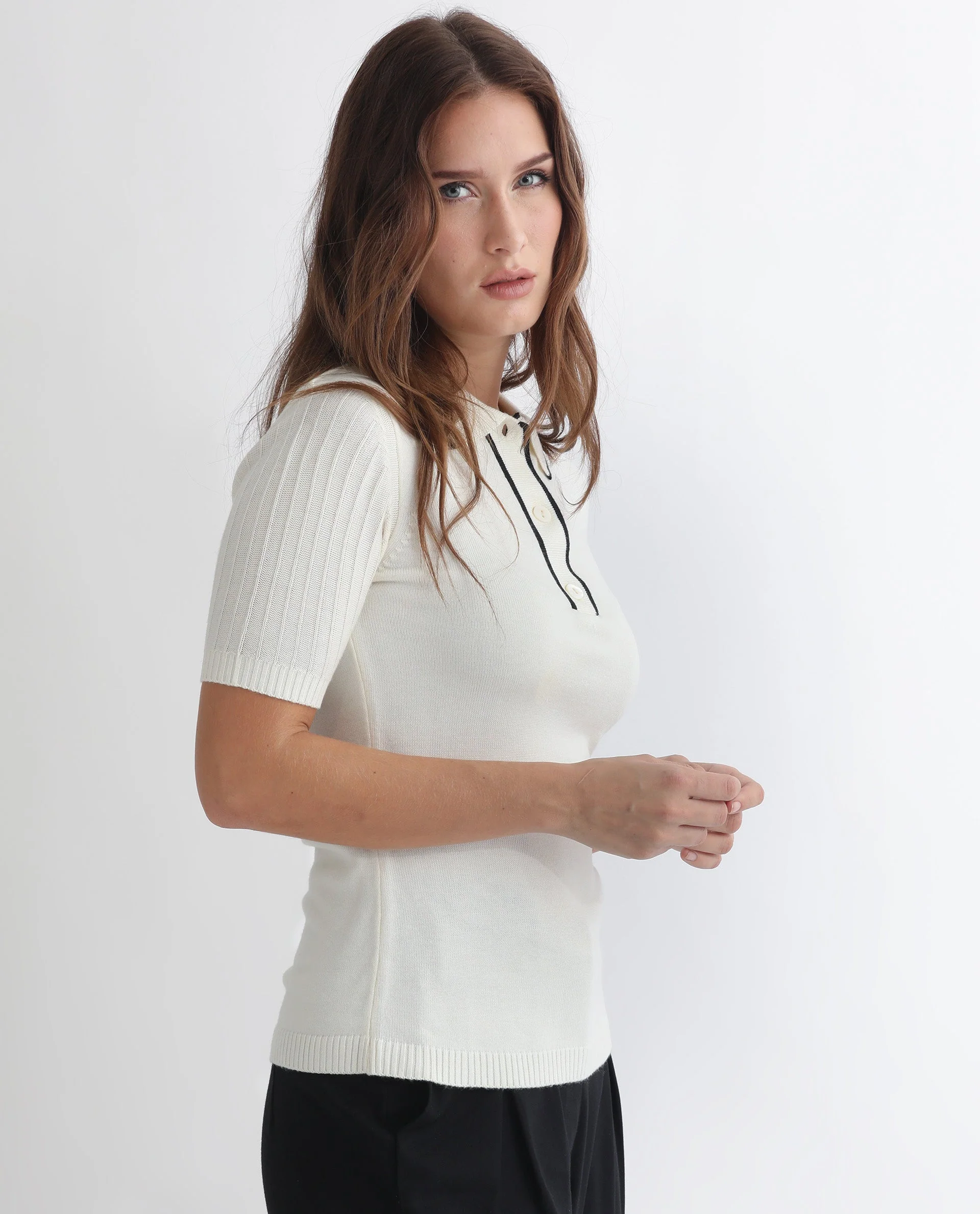 Rareism Women's Knitup Off White Cotton Spread Collar Plain Regular Fit Sweater - Image 16