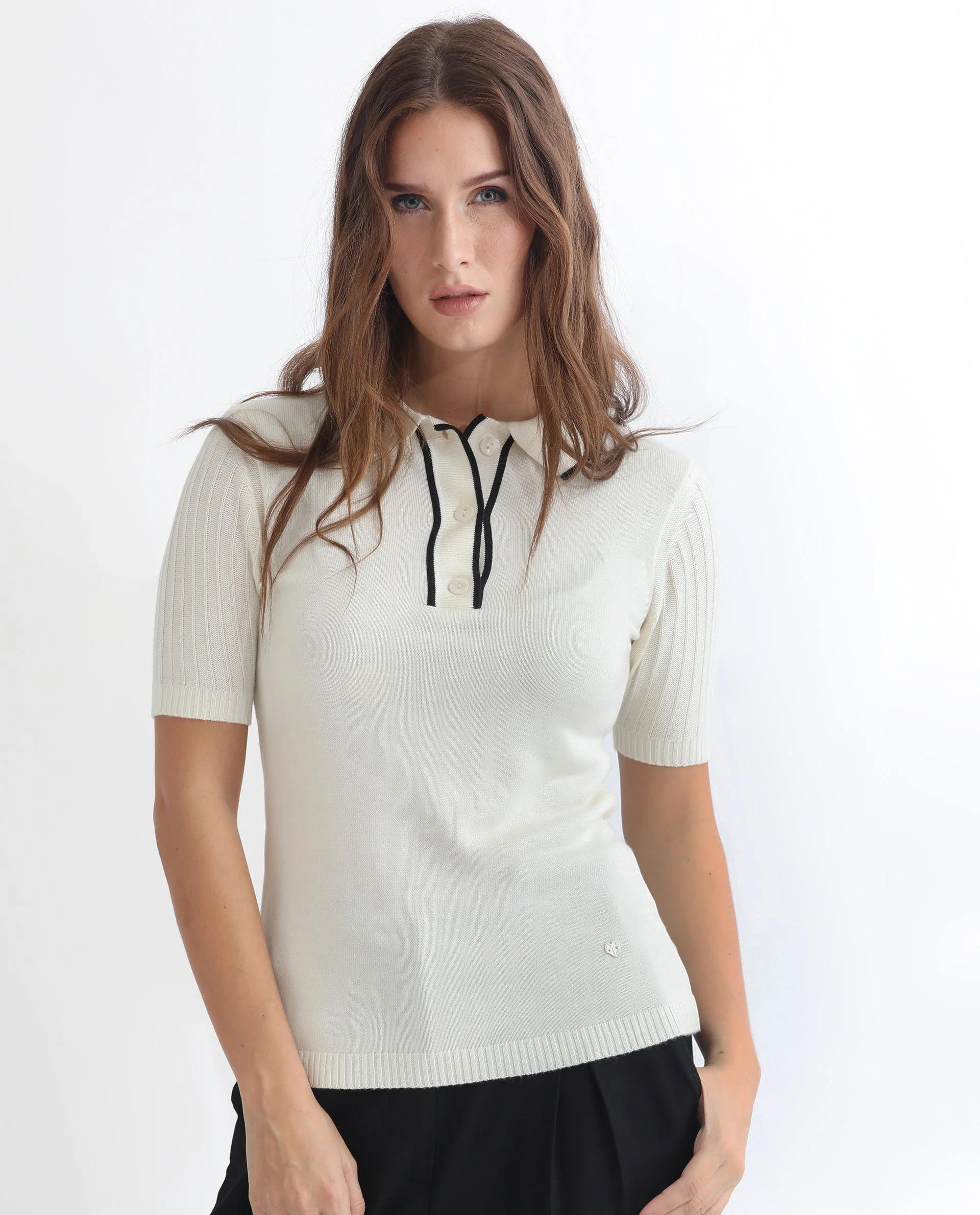 Rareism Women's Knitup Off White Cotton Spread Collar Plain Regular Fit Sweater - Image 5