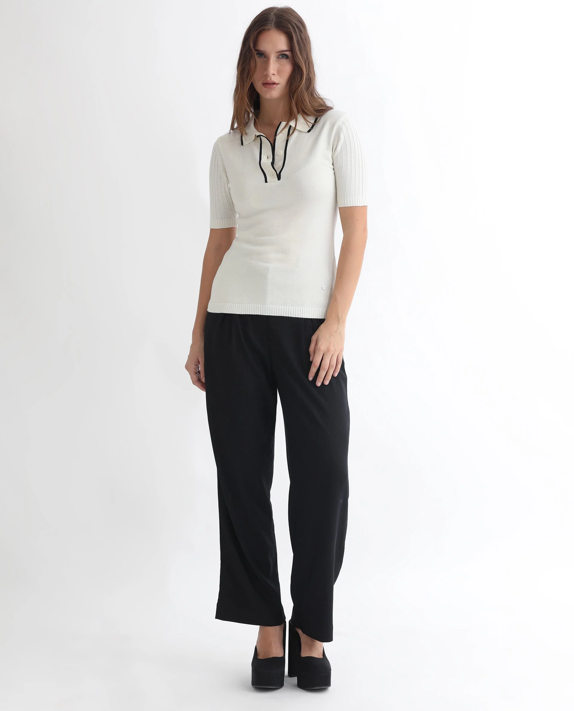 Rareism Women's Knitup Off White Cotton Spread Collar Plain Regular Fit Sweater - Image 6