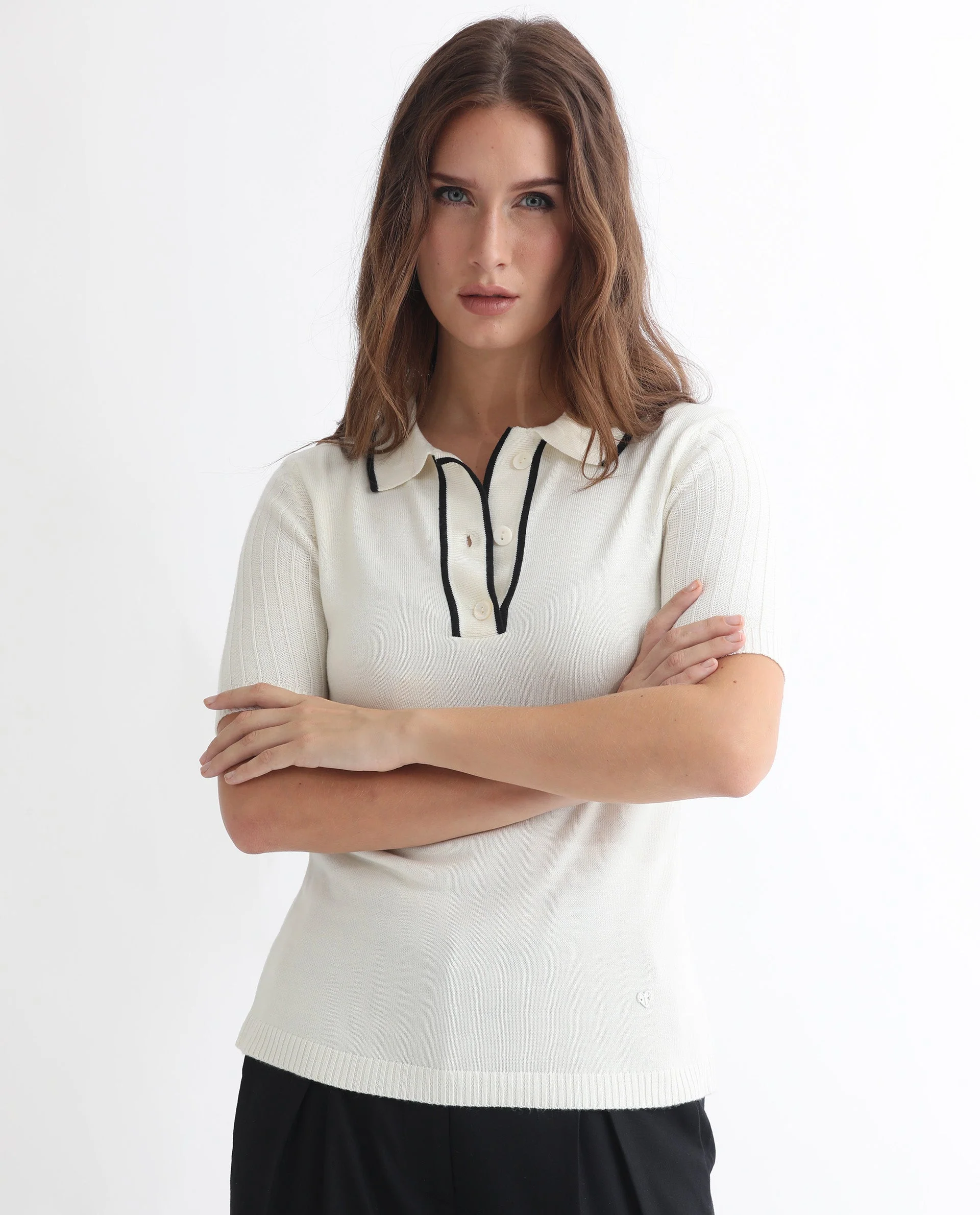 Rareism Women's Knitup Off White Cotton Spread Collar Plain Regular Fit Sweater - Image 7