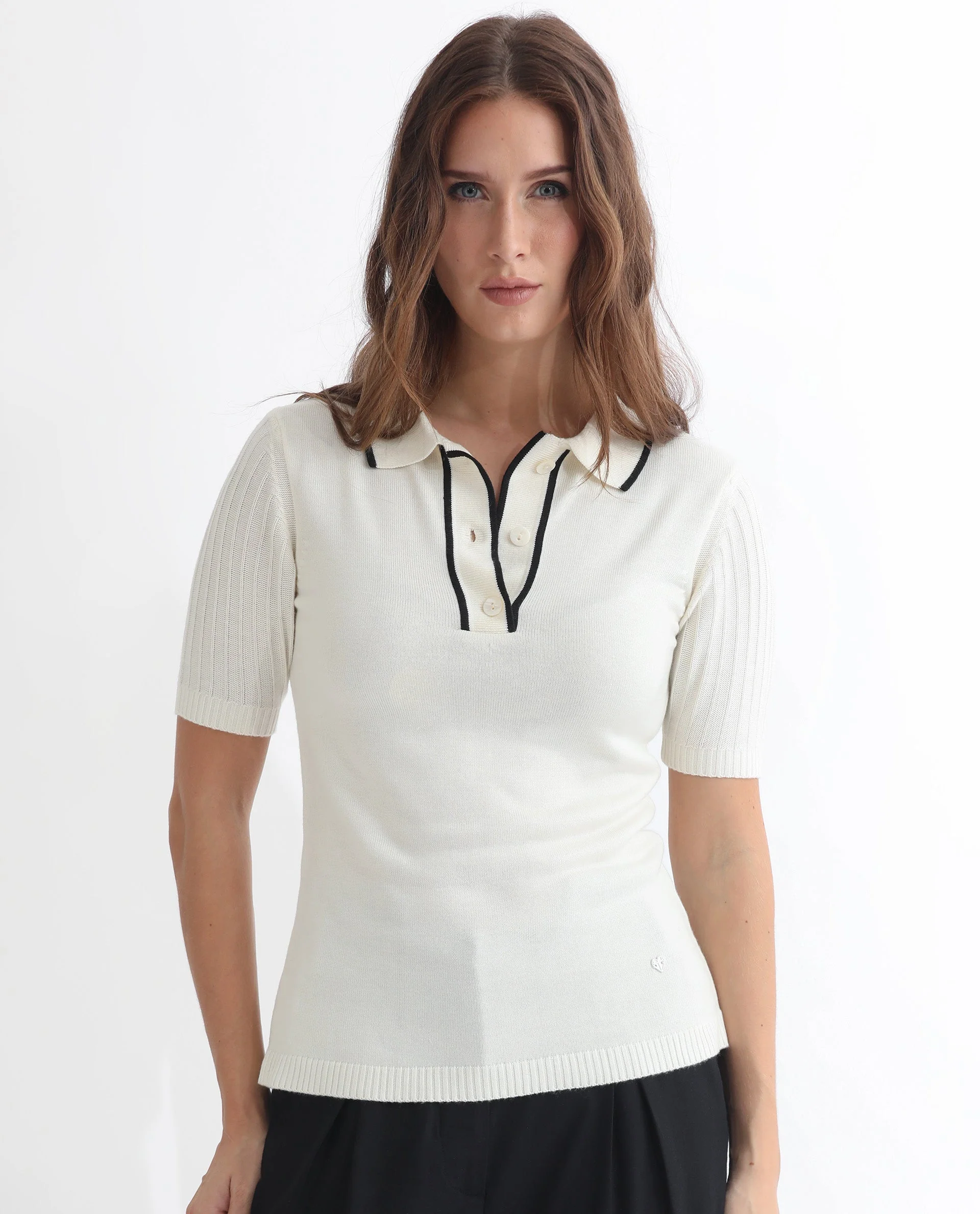 Rareism Women's Knitup Off White Cotton Spread Collar Plain Regular Fit Sweater - Image 8