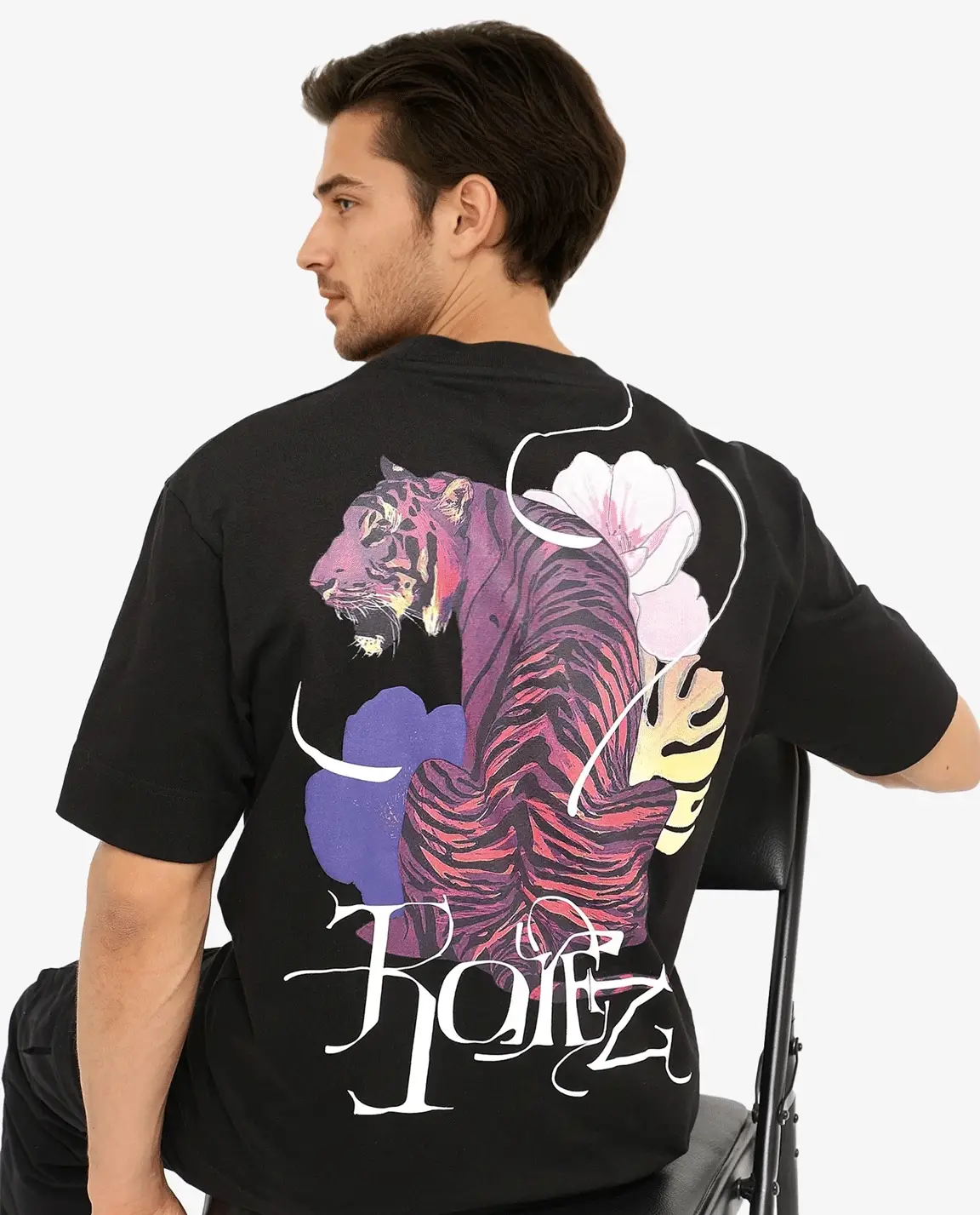 Rare Rabbit Men's Knix Black Cotton Animal Print Oversized Fit Half Sleeve Crew Neck T-Shirt