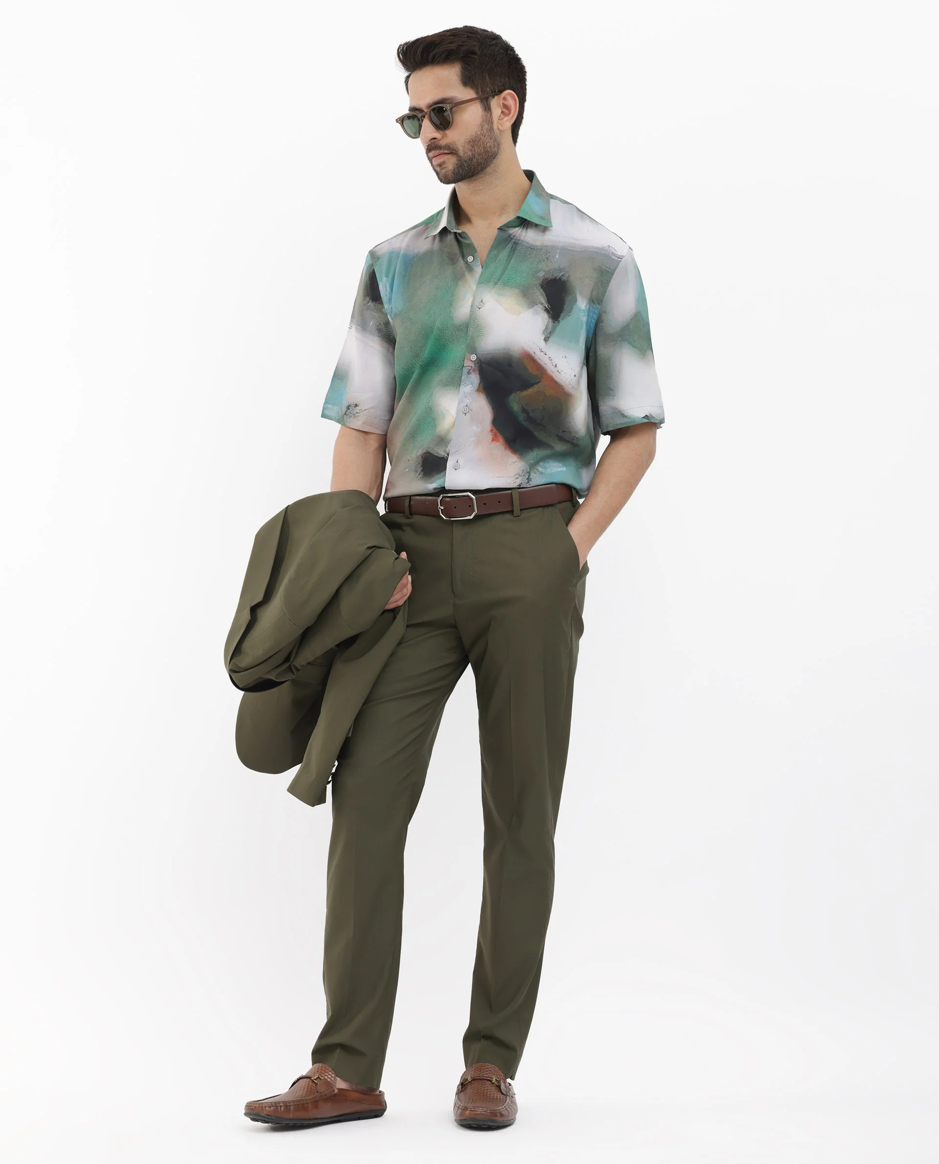 Rare Rabbit Men's Knox Dusky Green Cotton Abstract Print Boxy Fit Half Sleeve Collared Shirt - Image 2