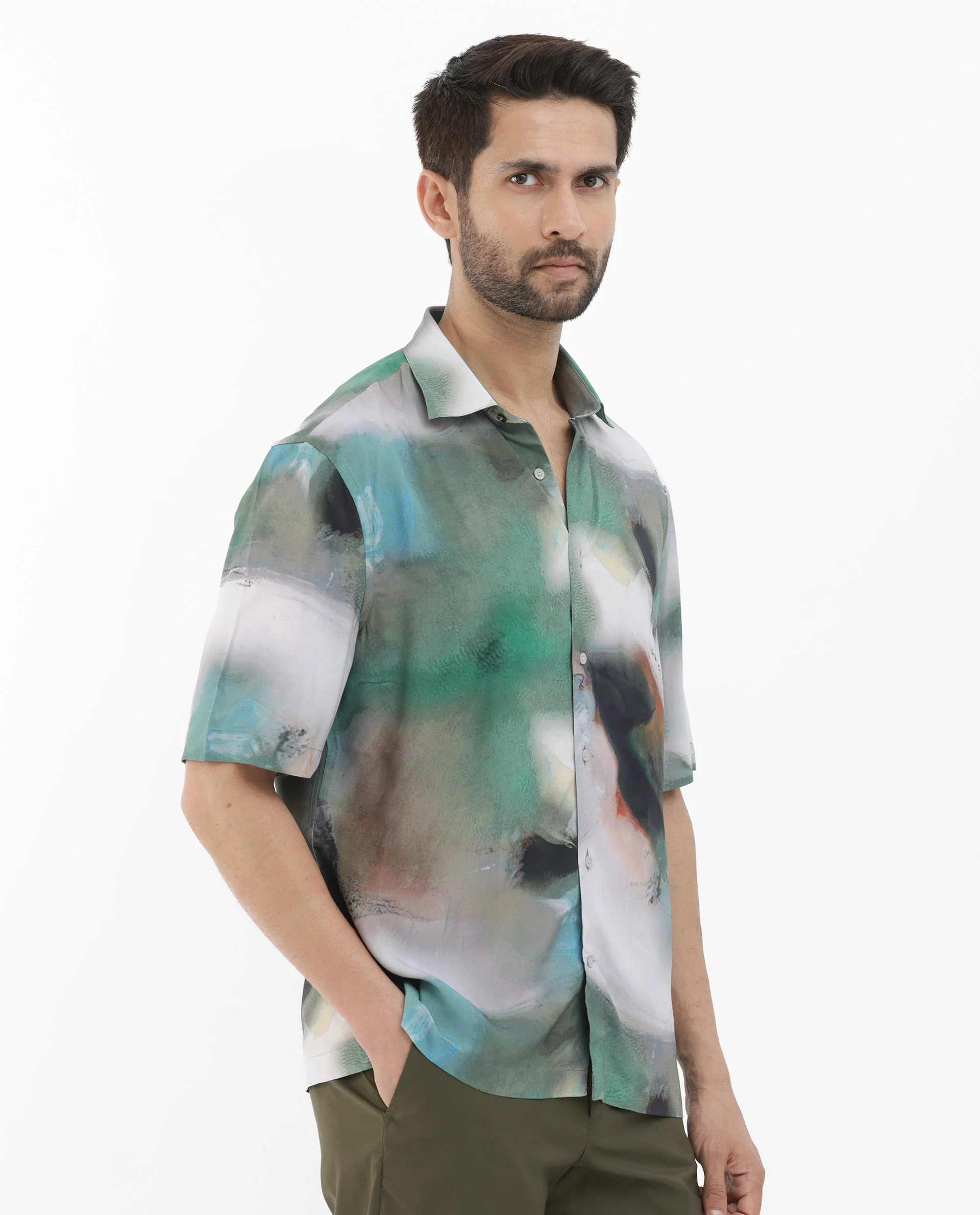 Rare Rabbit Men's Knox Dusky Green Cotton Abstract Print Boxy Fit Half Sleeve Collared Shirt - Image 3