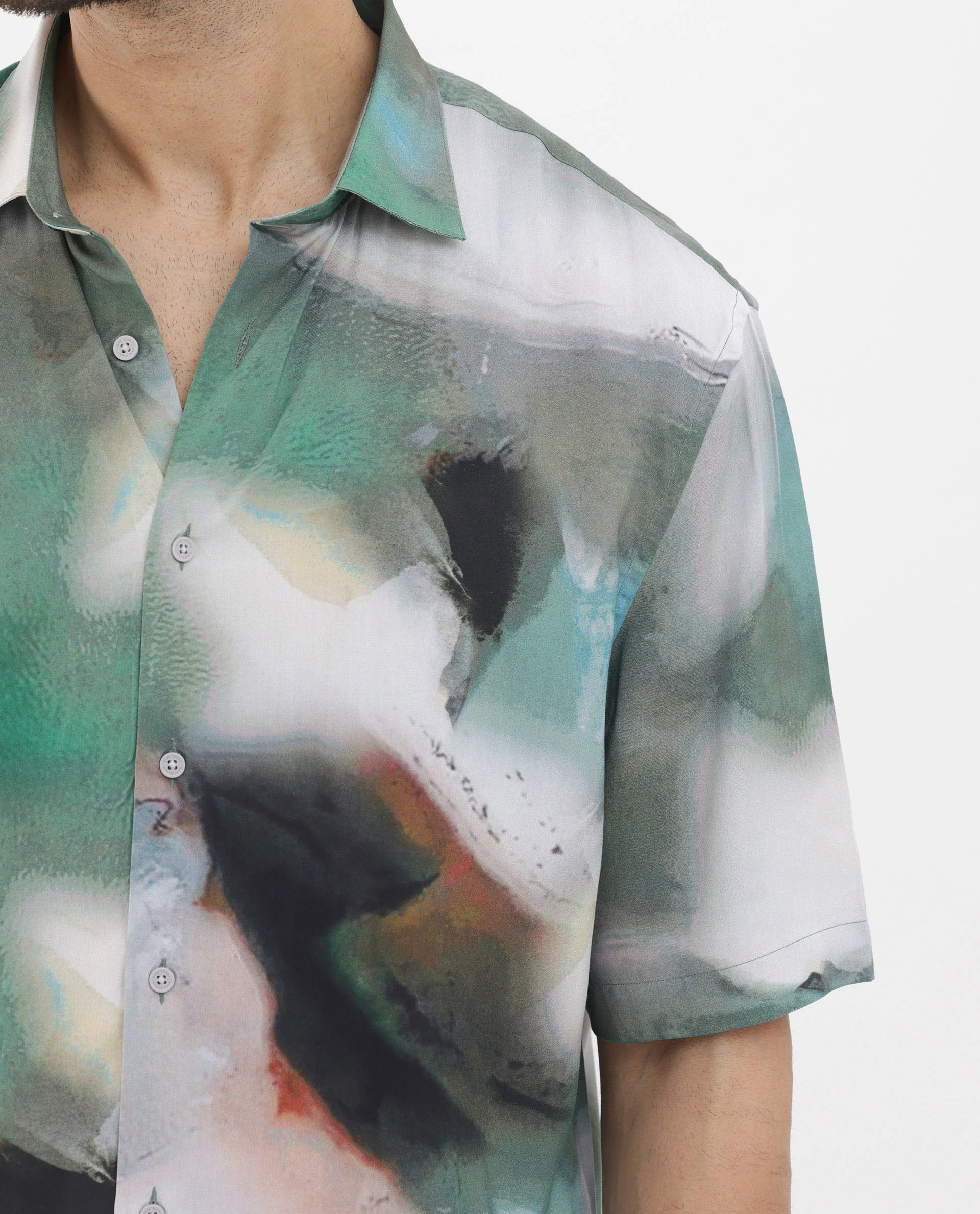 Rare Rabbit Men's Knox Dusky Green Cotton Abstract Print Boxy Fit Half Sleeve Collared Shirt - Image 4