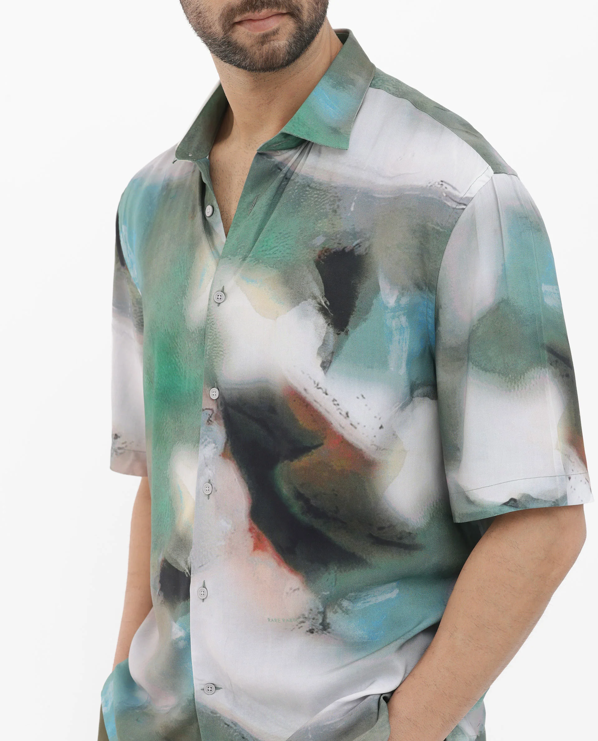 Rare Rabbit Men's Knox Dusky Green Cotton Abstract Print Boxy Fit Half Sleeve Collared Shirt - Image 5