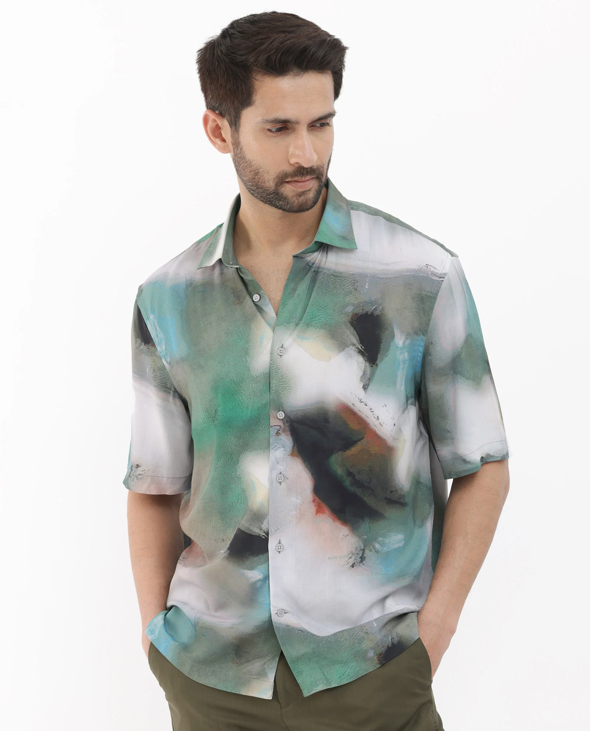 Rare Rabbit Men's Knox Dusky Green Cotton Abstract Print Boxy Fit Half Sleeve Collared Shirt - Image 6
