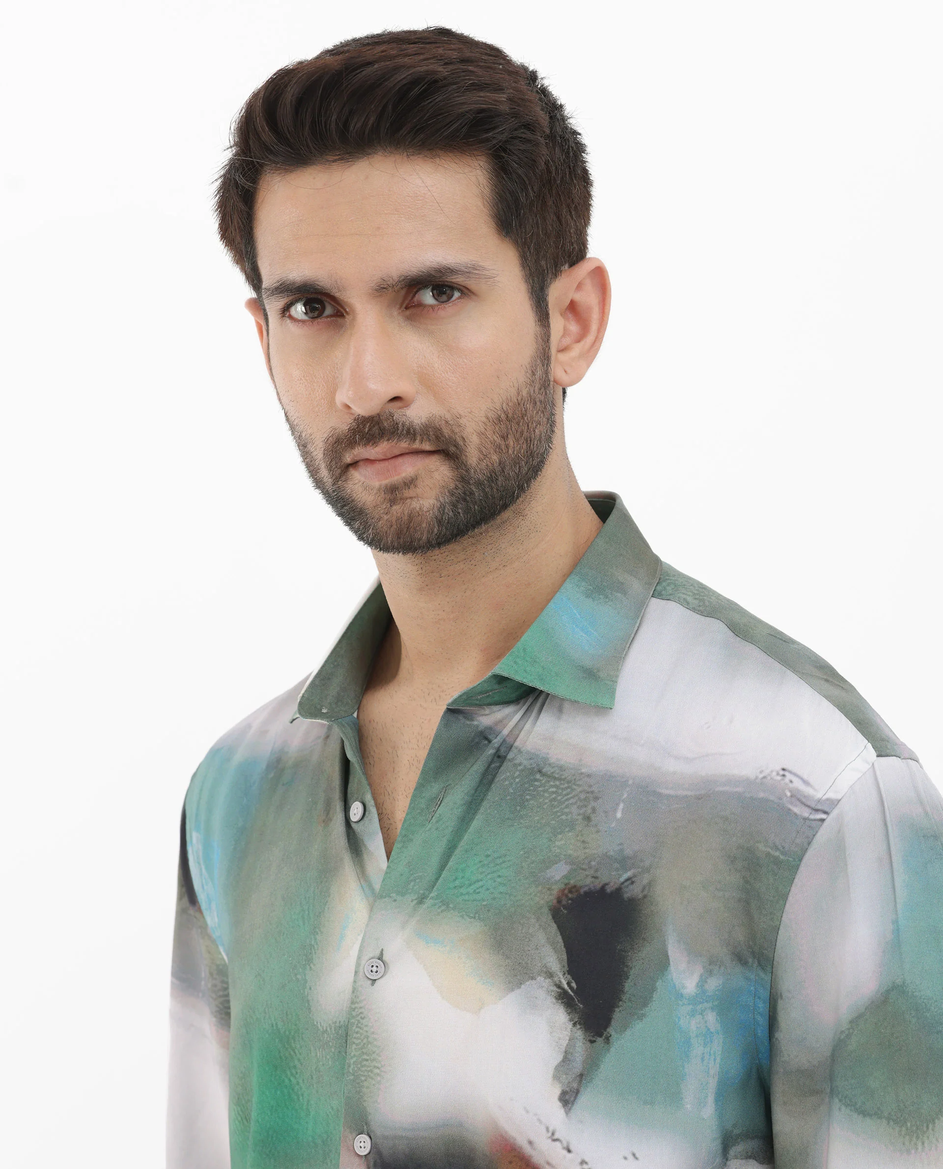 Rare Rabbit Men's Knox Dusky Green Cotton Abstract Print Boxy Fit Half Sleeve Collared Shirt - Image 7
