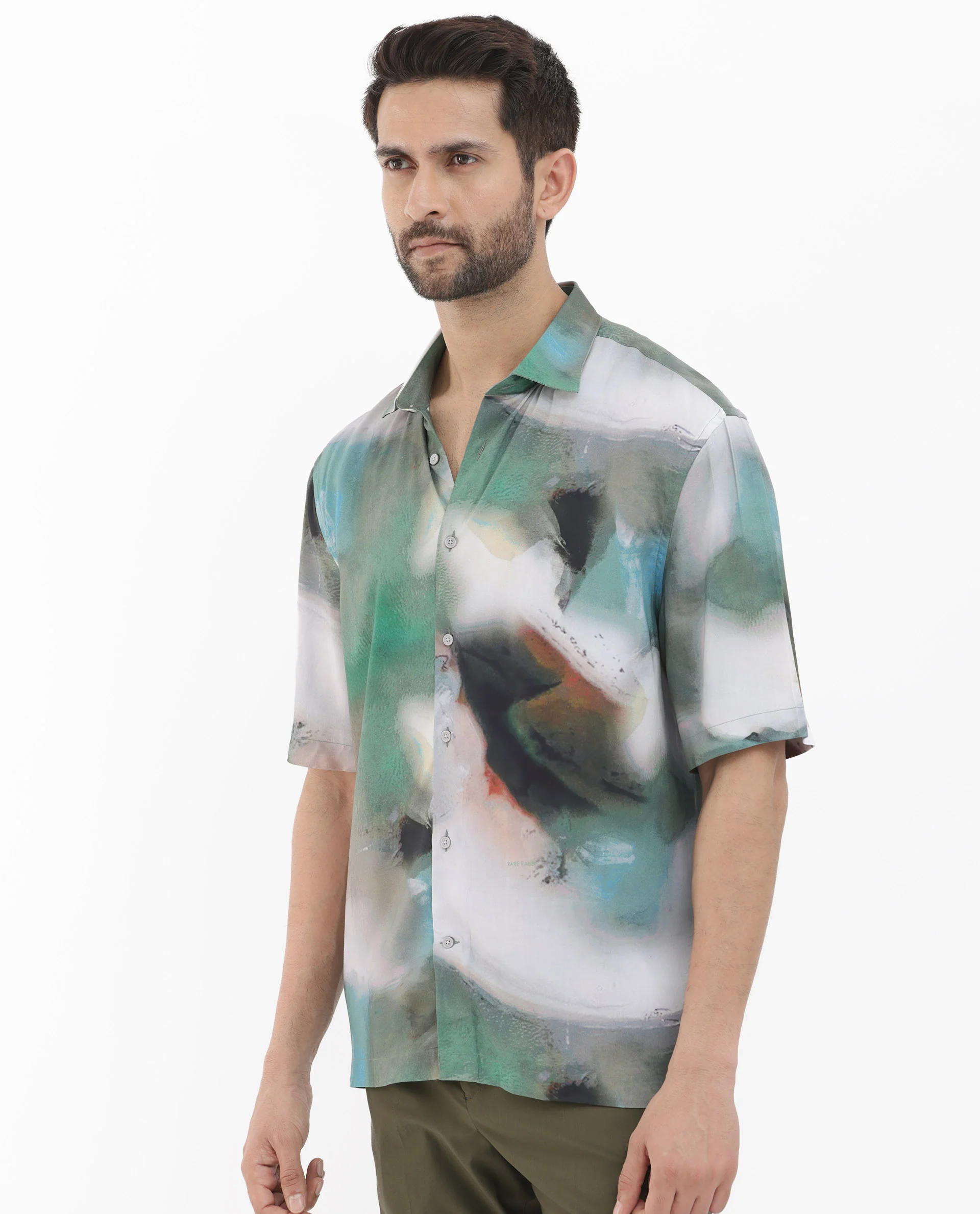 Rare Rabbit Men's Knox Dusky Green Cotton Abstract Print Boxy Fit Half Sleeve Collared Shirt - Image 8