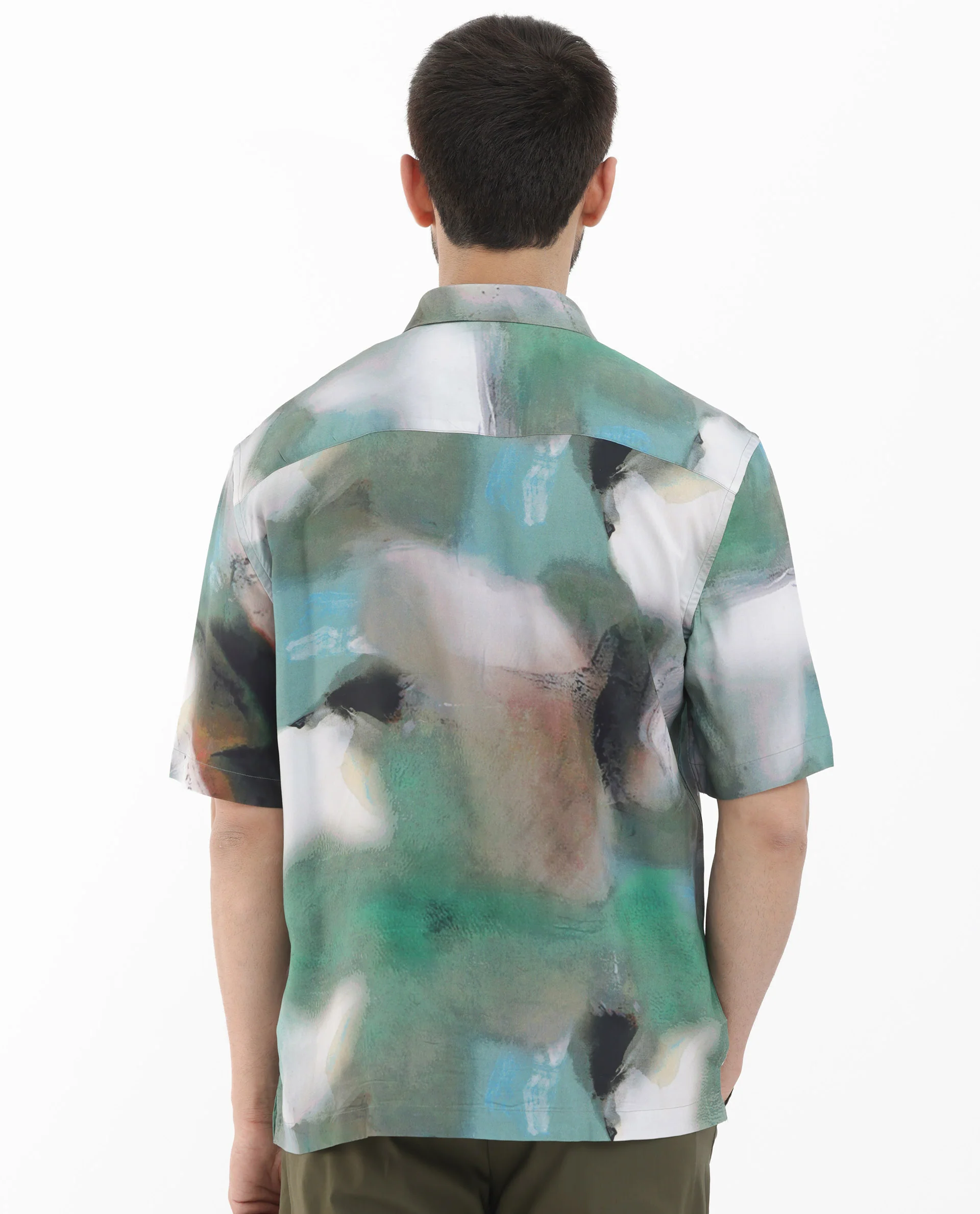 Rare Rabbit Men's Knox Dusky Green Cotton Abstract Print Boxy Fit Half Sleeve Collared Shirt - Image 9