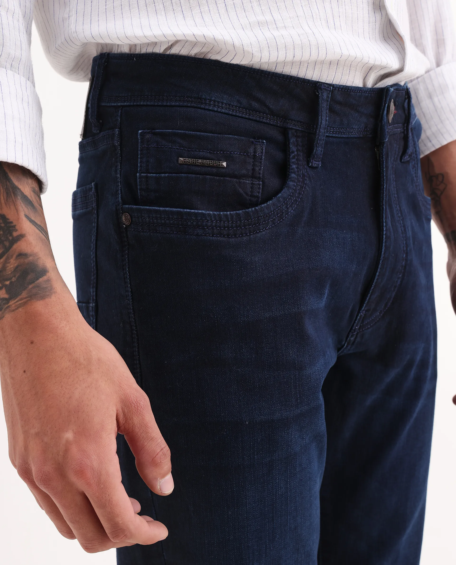 Rare Rabbit Men's Knoxo-Bl Dark Blue Cotton Blend Fabric Button Closure Bootcut Plain Jeans - Image 2