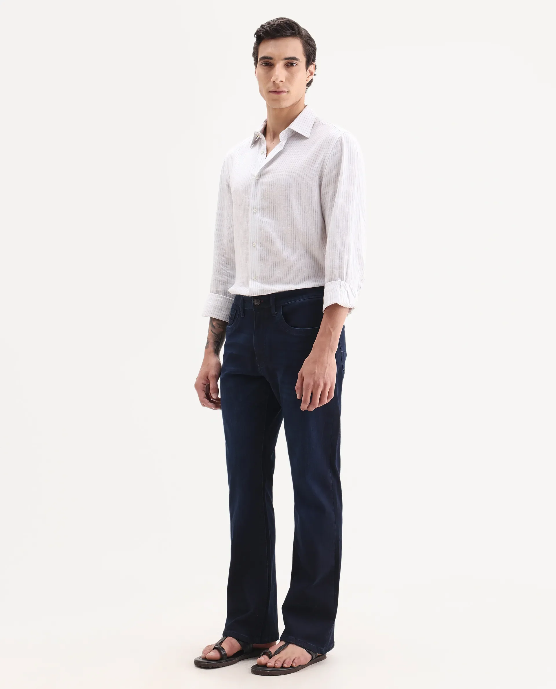 Rare Rabbit Men's Knoxo-Bl Dark Blue Cotton Blend Fabric Button Closure Bootcut Plain Jeans - Image 3