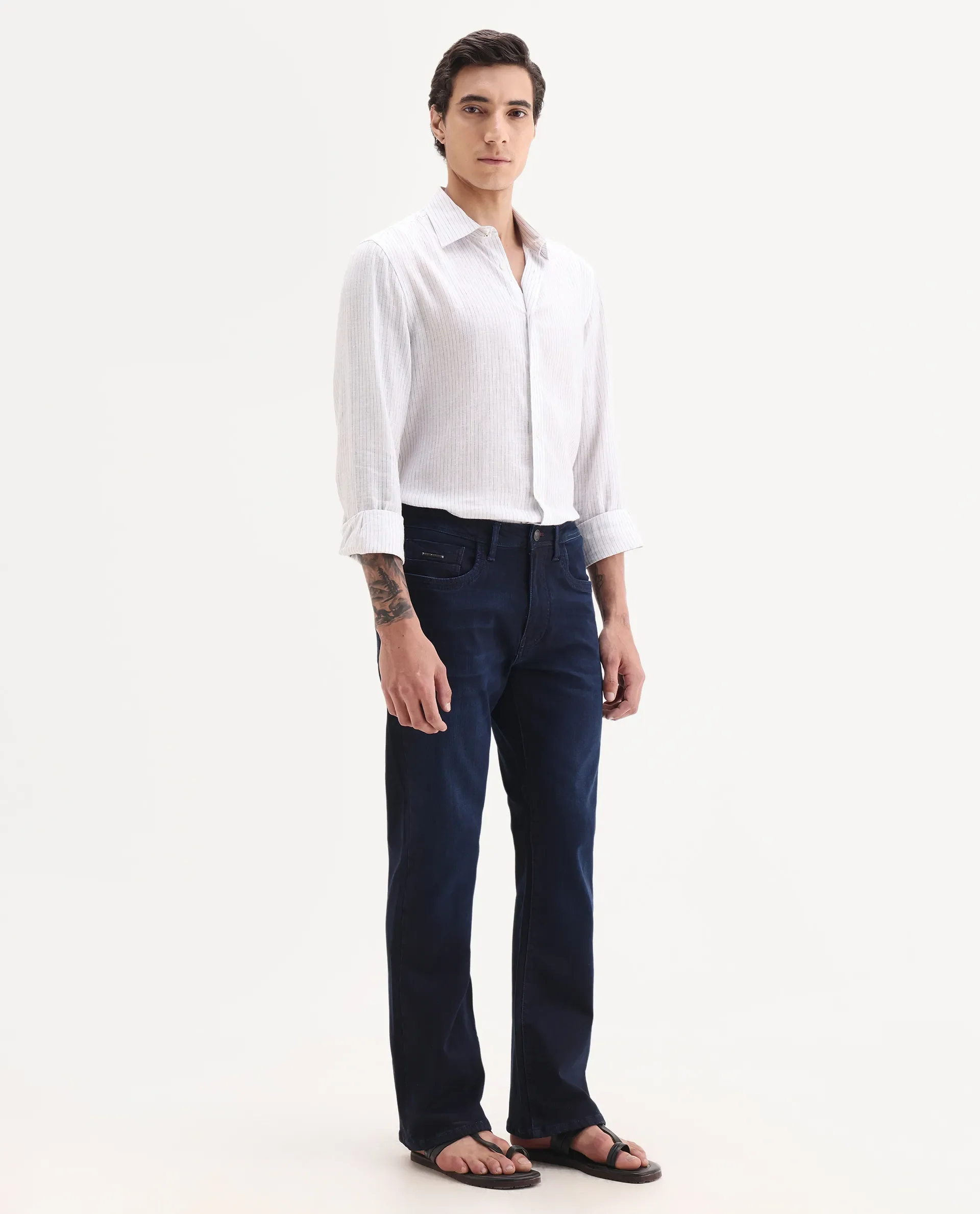 Rare Rabbit Men's Knoxo-Bl Dark Blue Cotton Blend Fabric Button Closure Bootcut Plain Jeans - Image 4