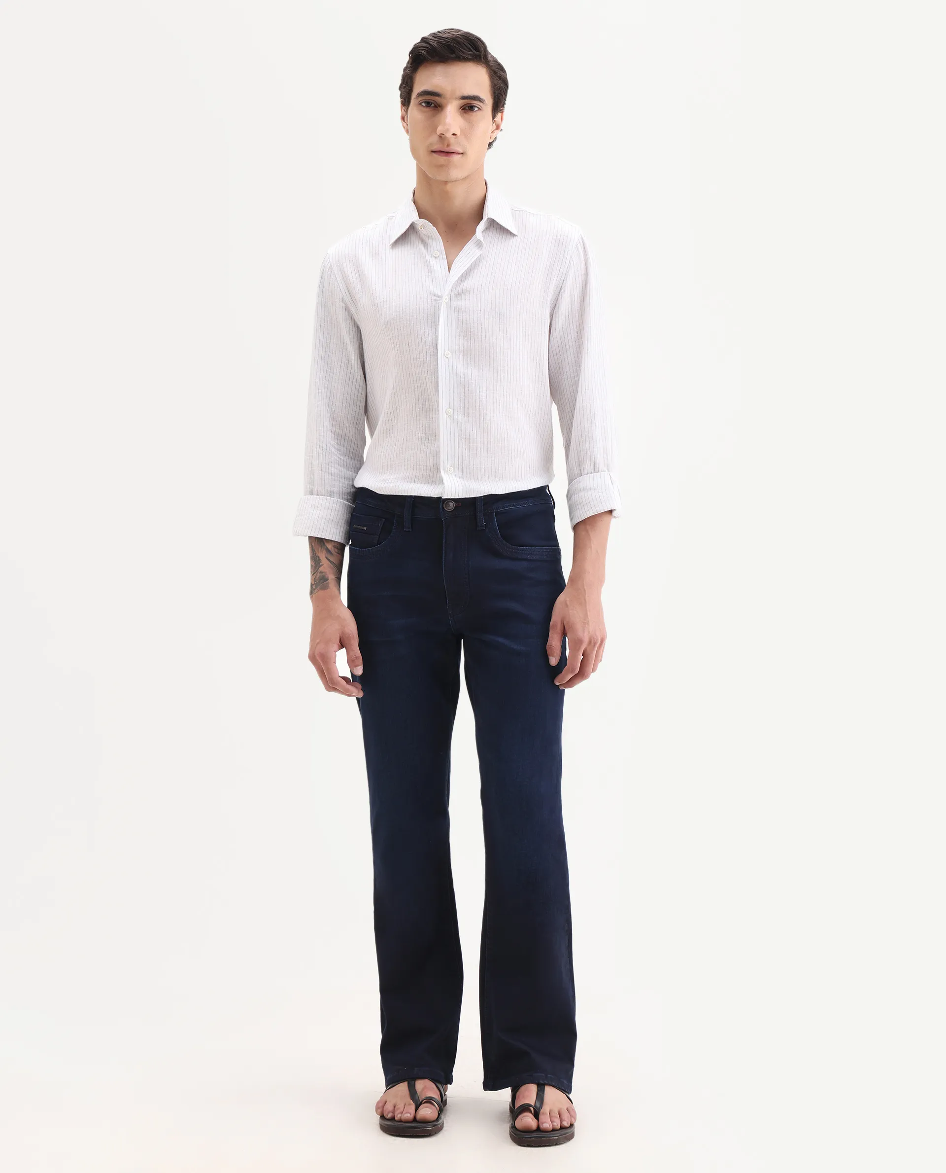Rare Rabbit Men's Knoxo-Bl Dark Blue Cotton Blend Fabric Button Closure Bootcut Plain Jeans - Image 6